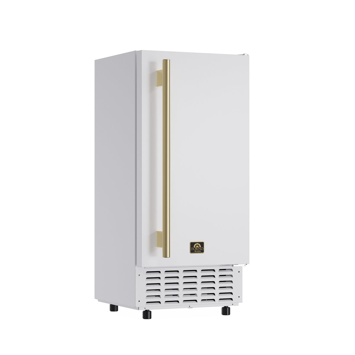 White 15-inch undercounter ice maker viewed from the left angle