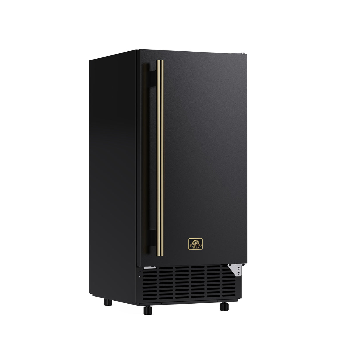 Black 15-inch undercounter cubed ice maker viewed from the left angle