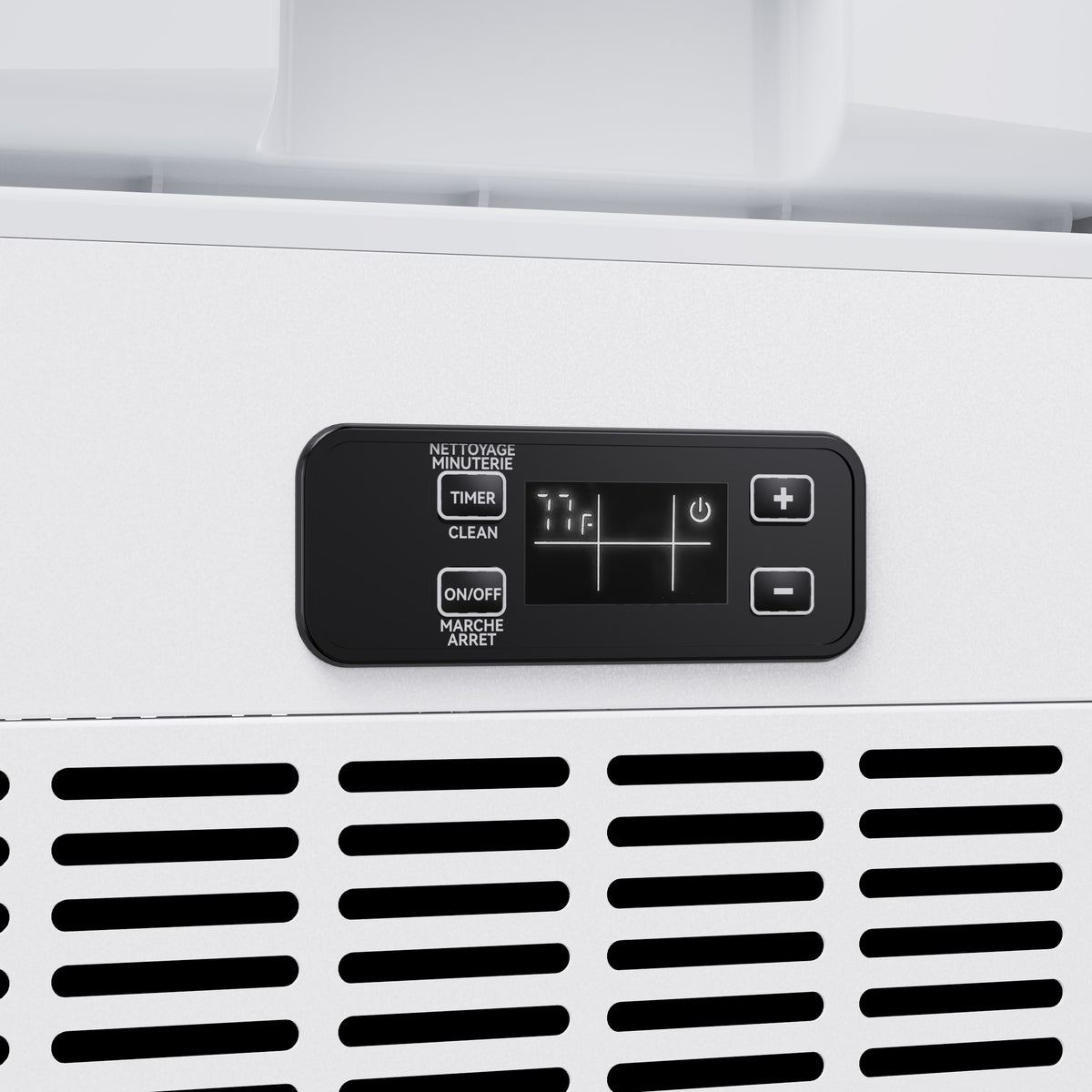 Electronic control panel with LED digital display on the white cubed ice maker