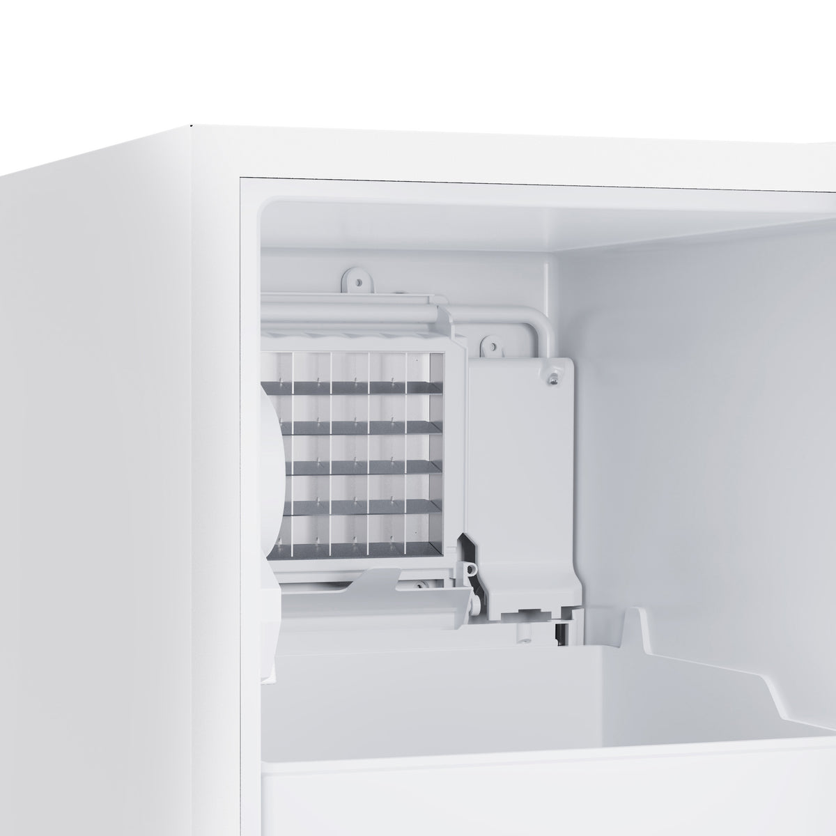 Interior of the white cubed ice maker