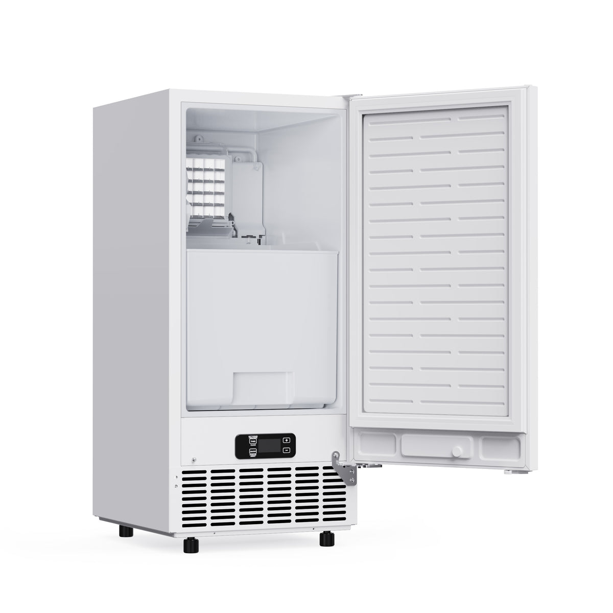 White cubed ice maker at a left angle with the door open