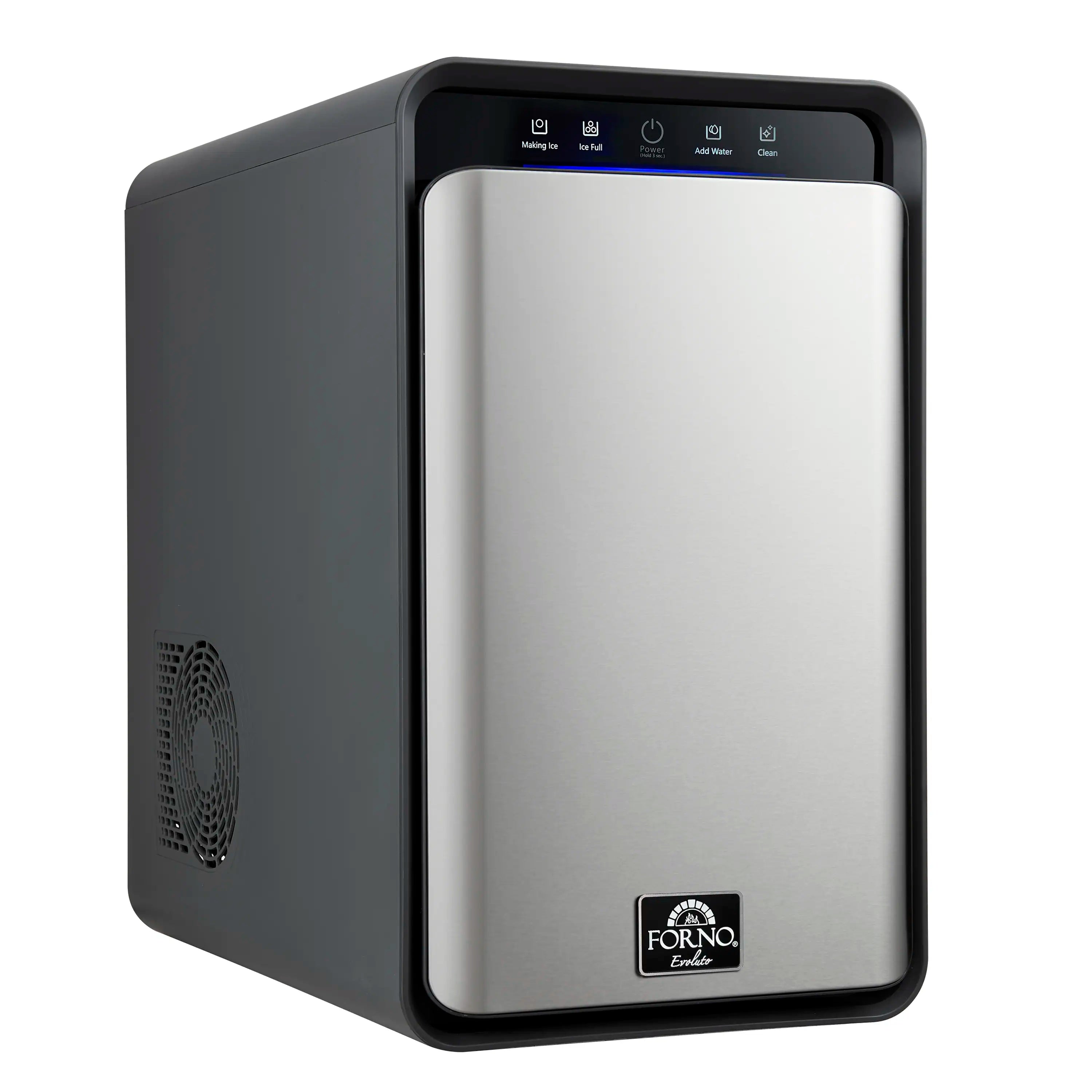 Countertop ice maker with stainless steel front panel and dark gray body