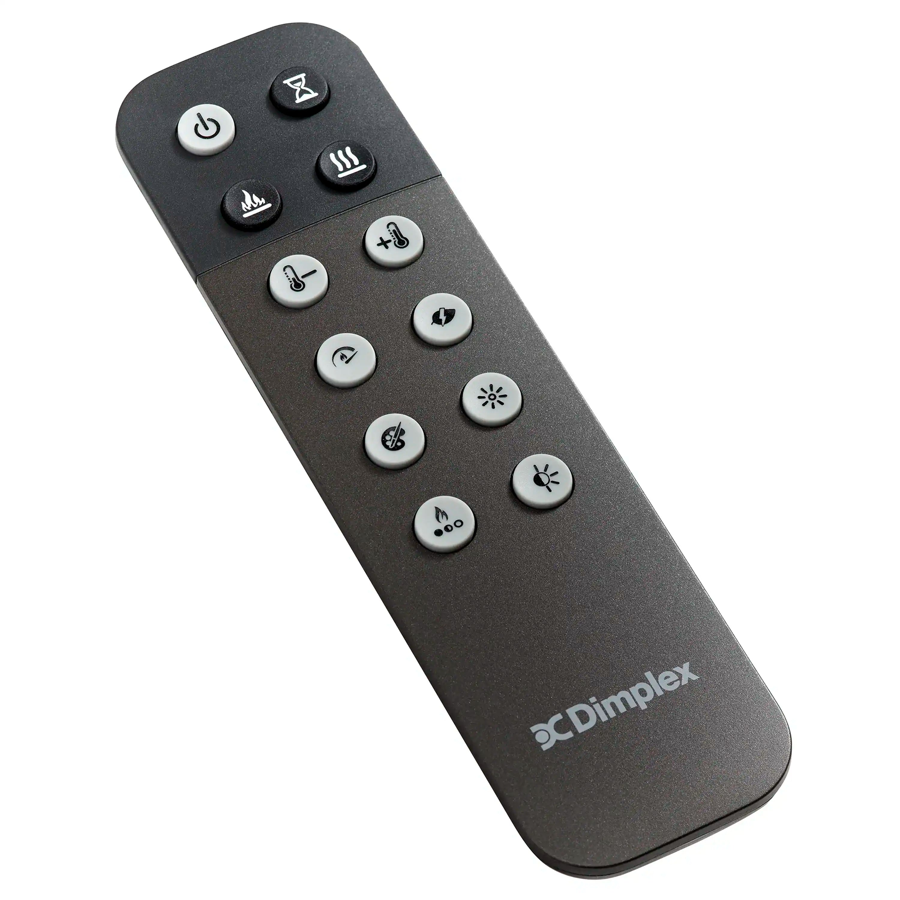 Dimplex electric fireplace remote control, angled view, dark gray buttons