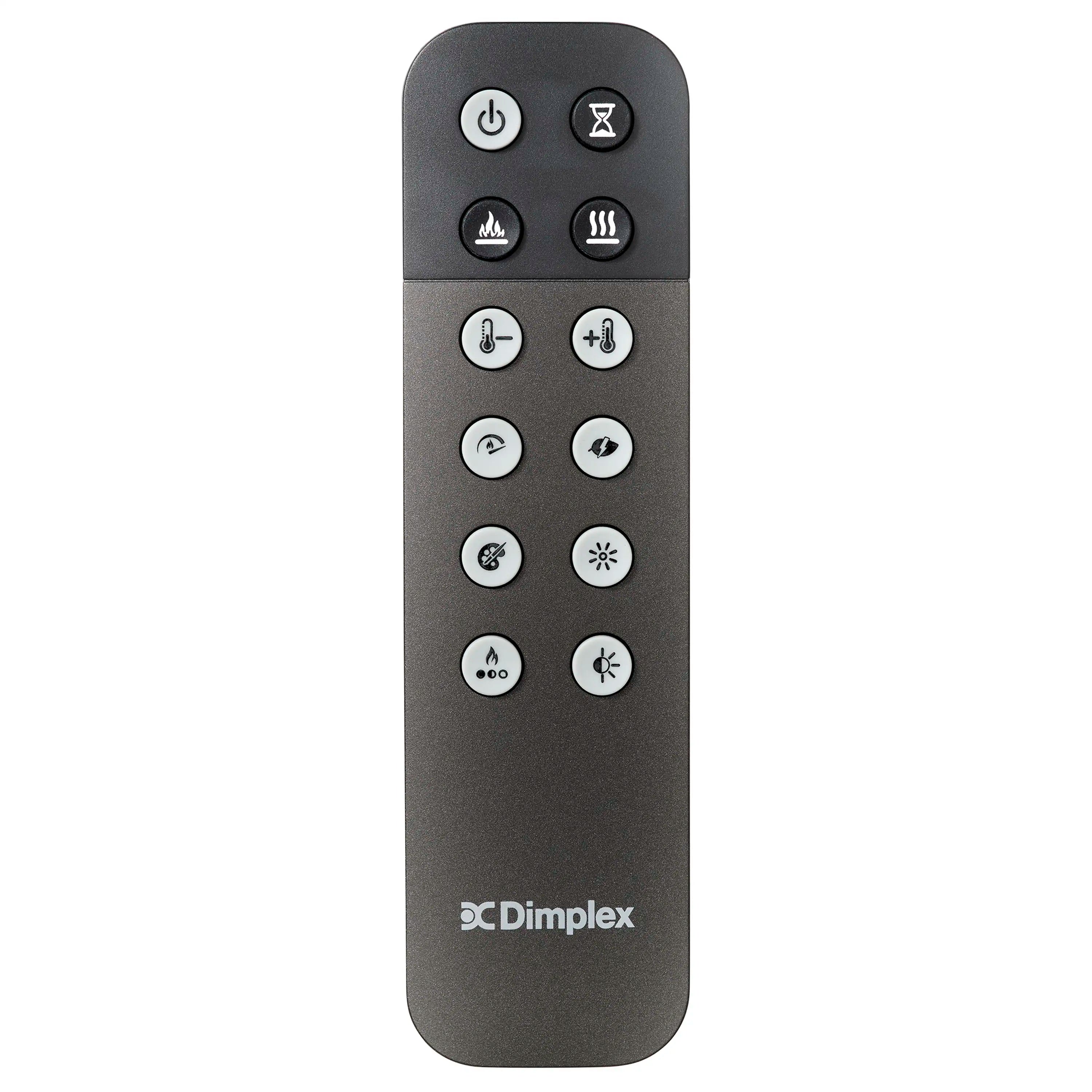 Dimplex dark gray electric fireplace remote control with button icons