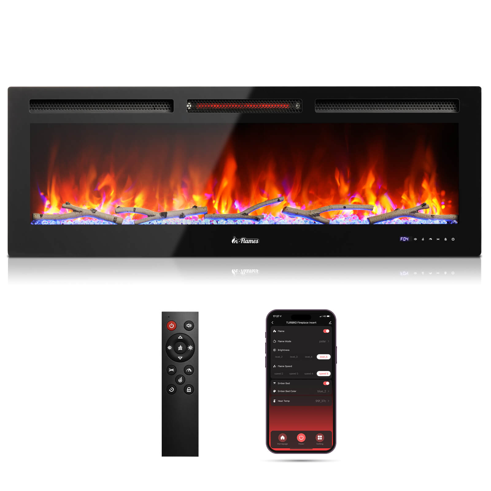 Black wall-mounted electric fireplace with tempered glass front and glowing flame effect