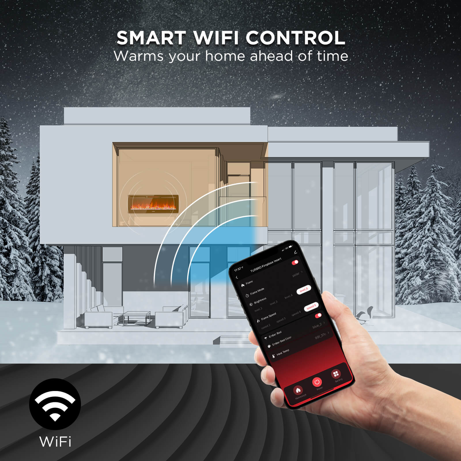 Wall-mounted electric fireplace with remote control and smartphone app for WiFi control