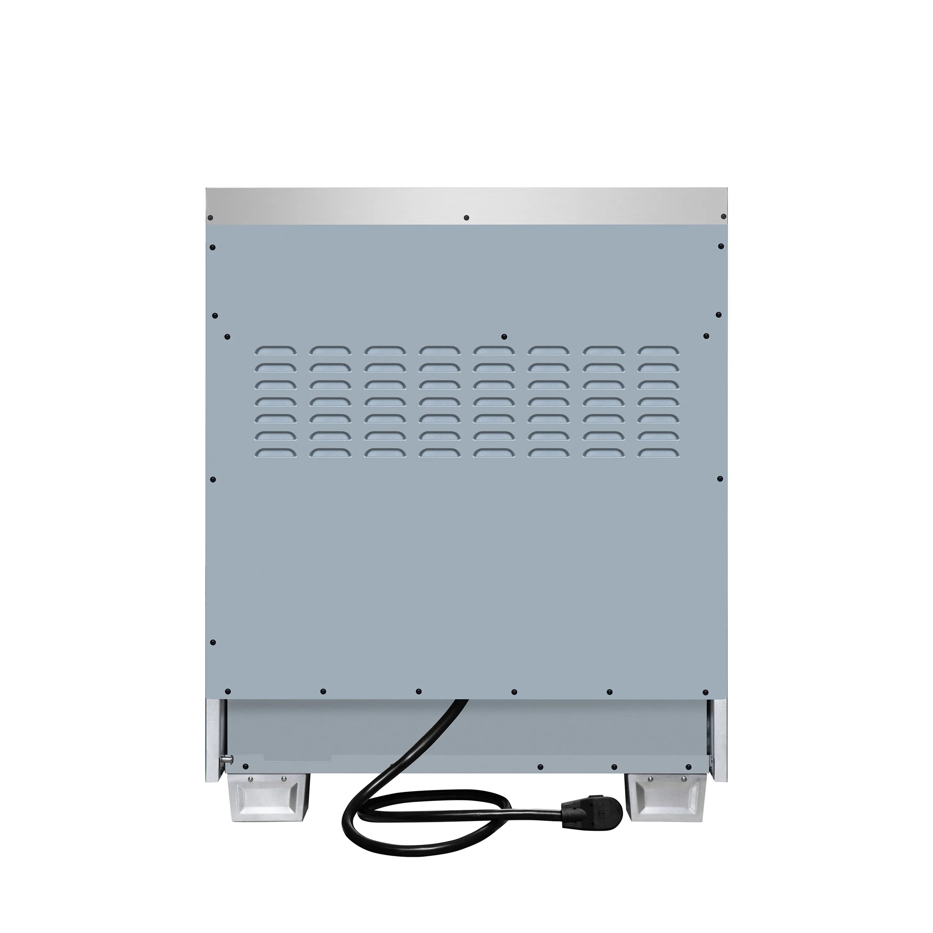Back panel of black induction range with vented grille and power cord