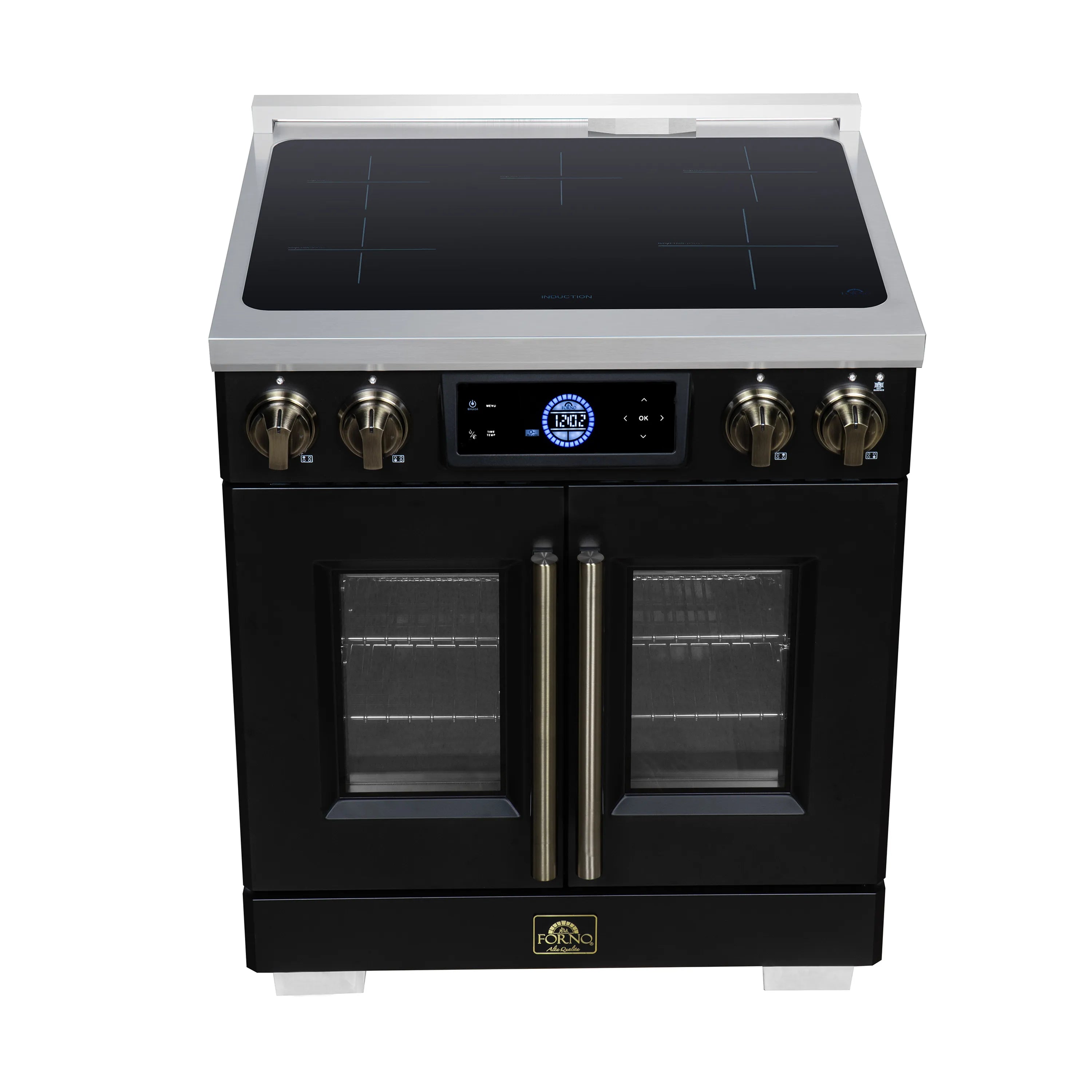 Black 30-inch induction range with French-door oven and centered control panel