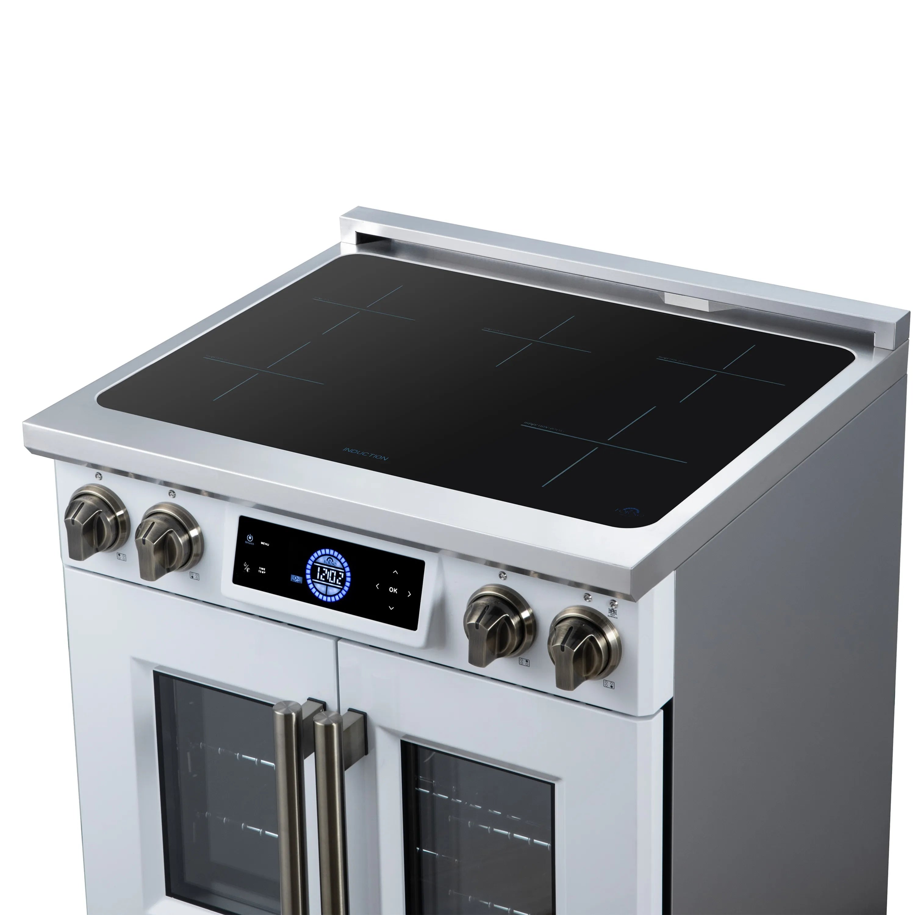 Induction range cooktop with black glass and brass control knobs