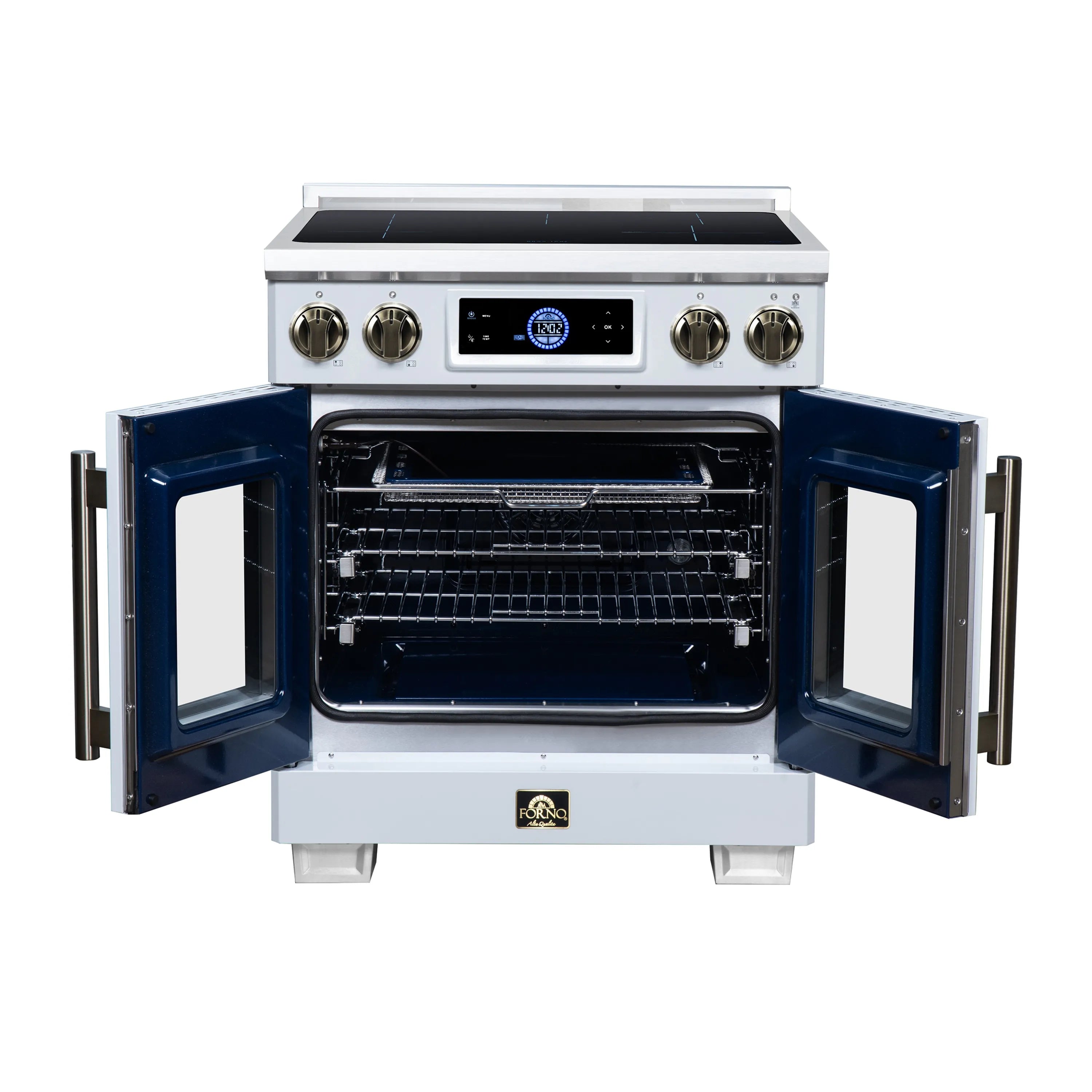 Induction range with oven doors open, dark cavity and wire racks
