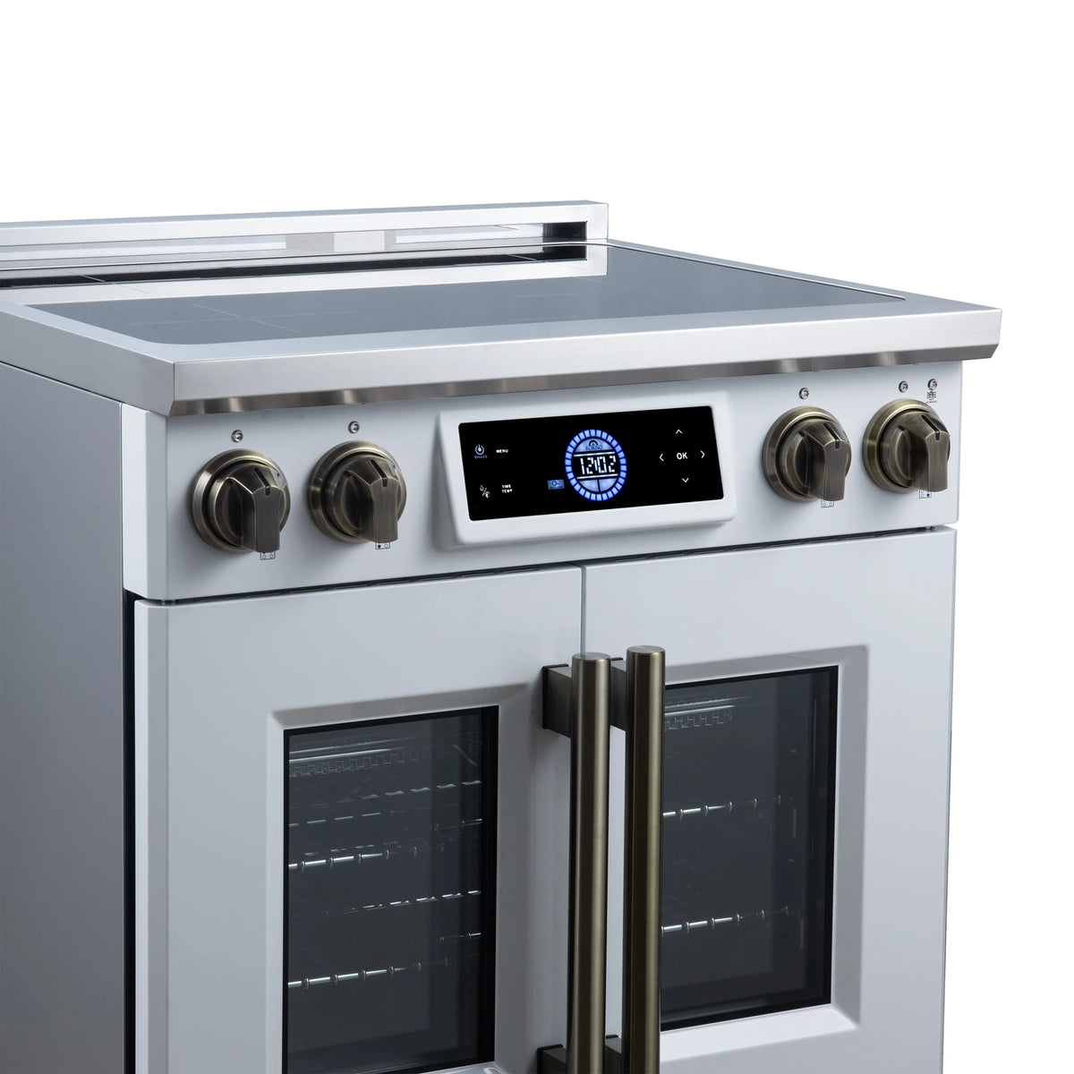 White induction range cooktop and control panel with four burner knobs and digital display