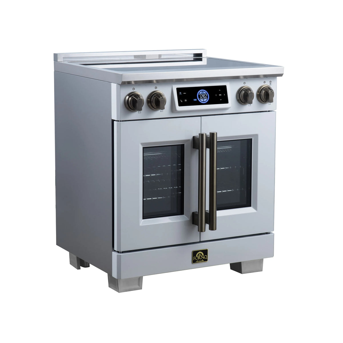 White induction range with French-door convection oven, brass knobs and touch control