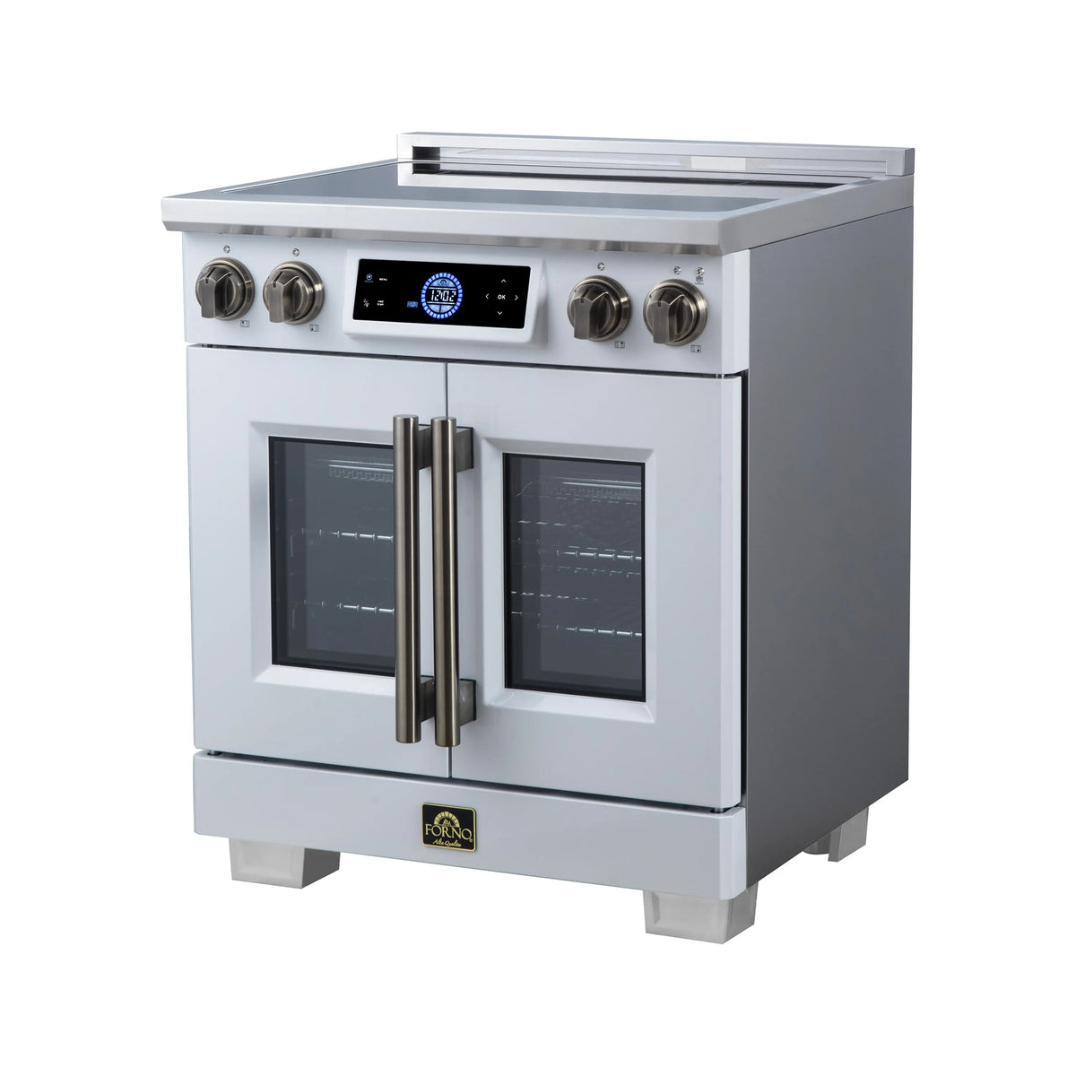 White induction range with French doors and brushed brass handle accents