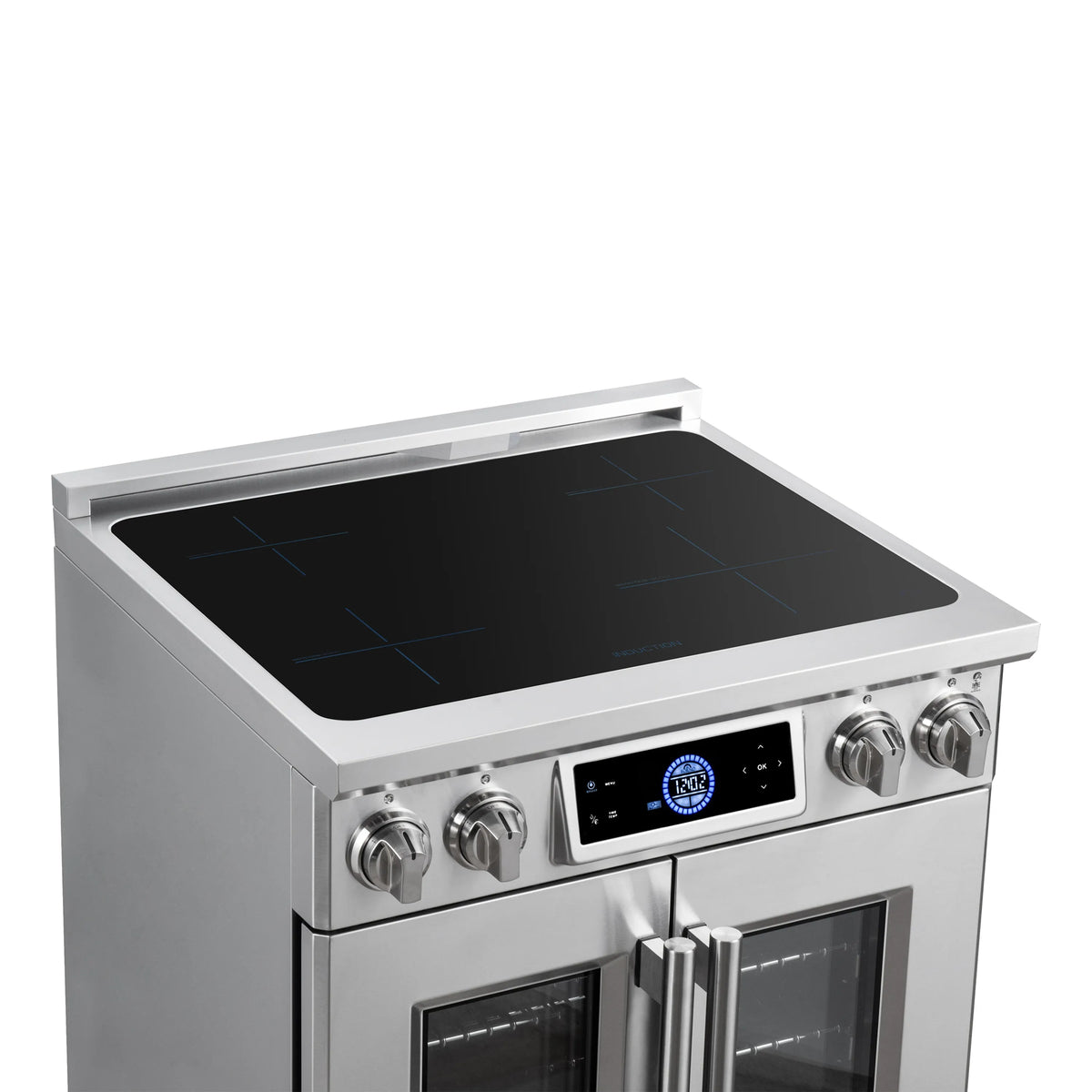 Stainless steel induction range with smooth glass cooktop and raised oven door handles