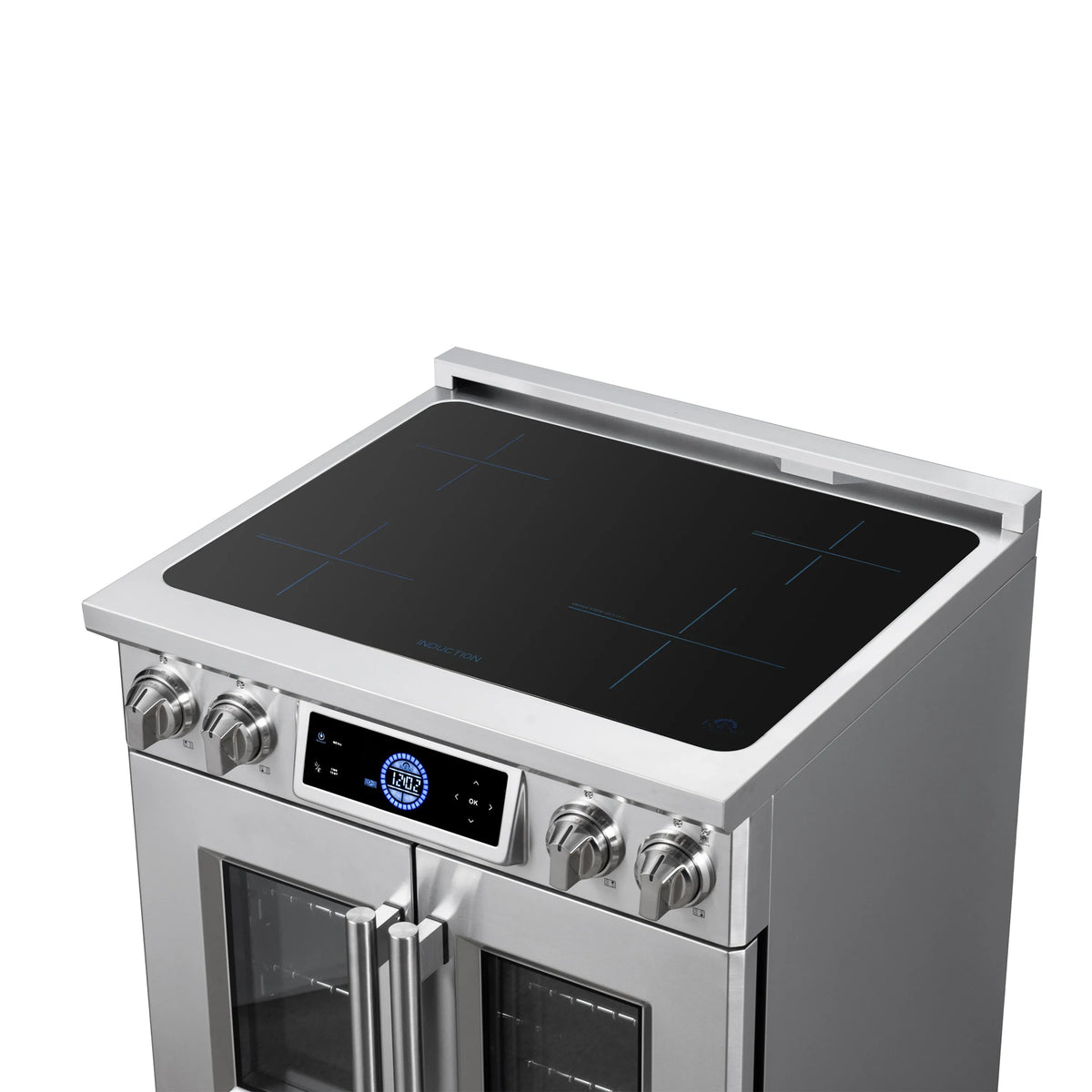 Induction cooktop with black glass surface, control panel, and four front knobs