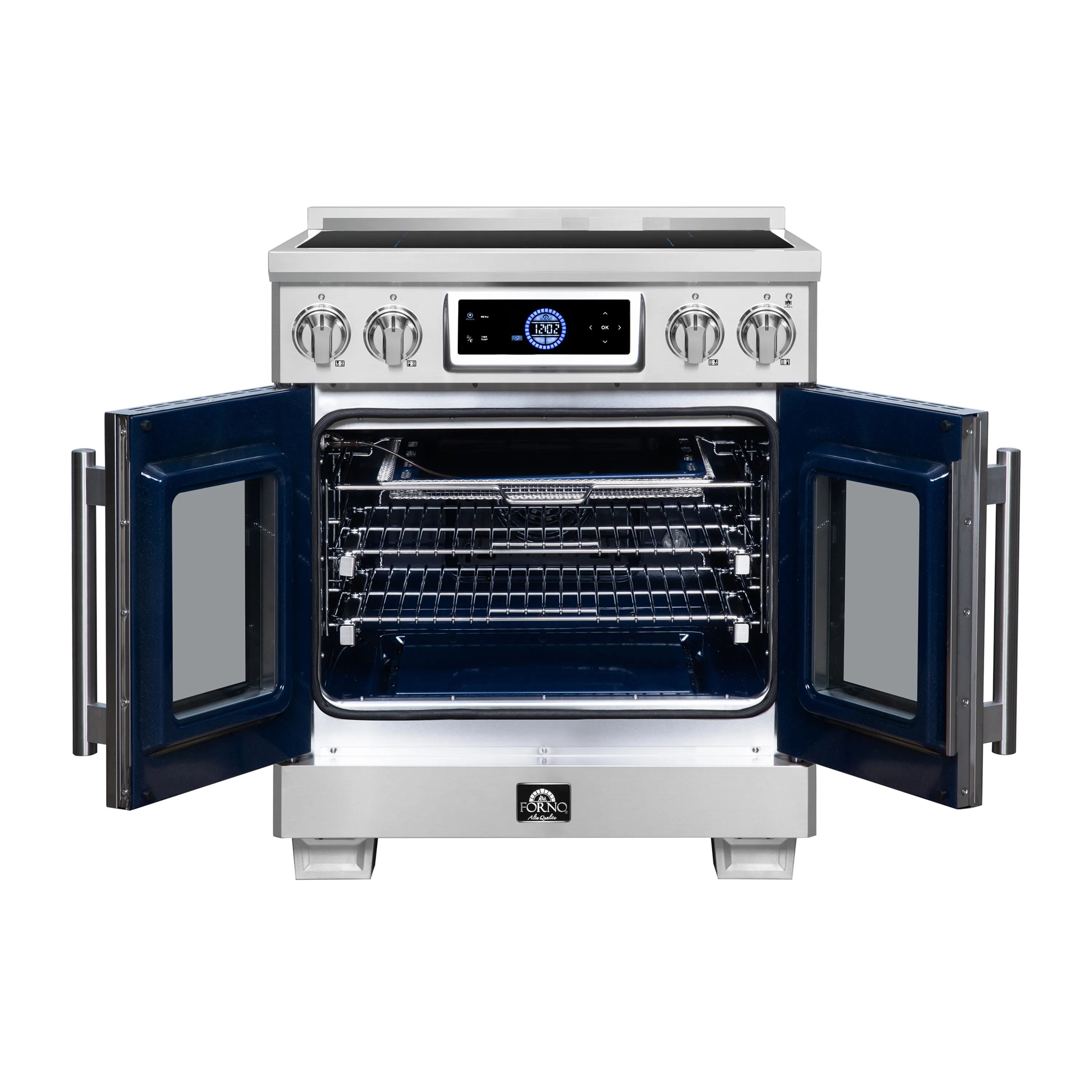 Stainless steel induction range with French doors open, showing oven racks
