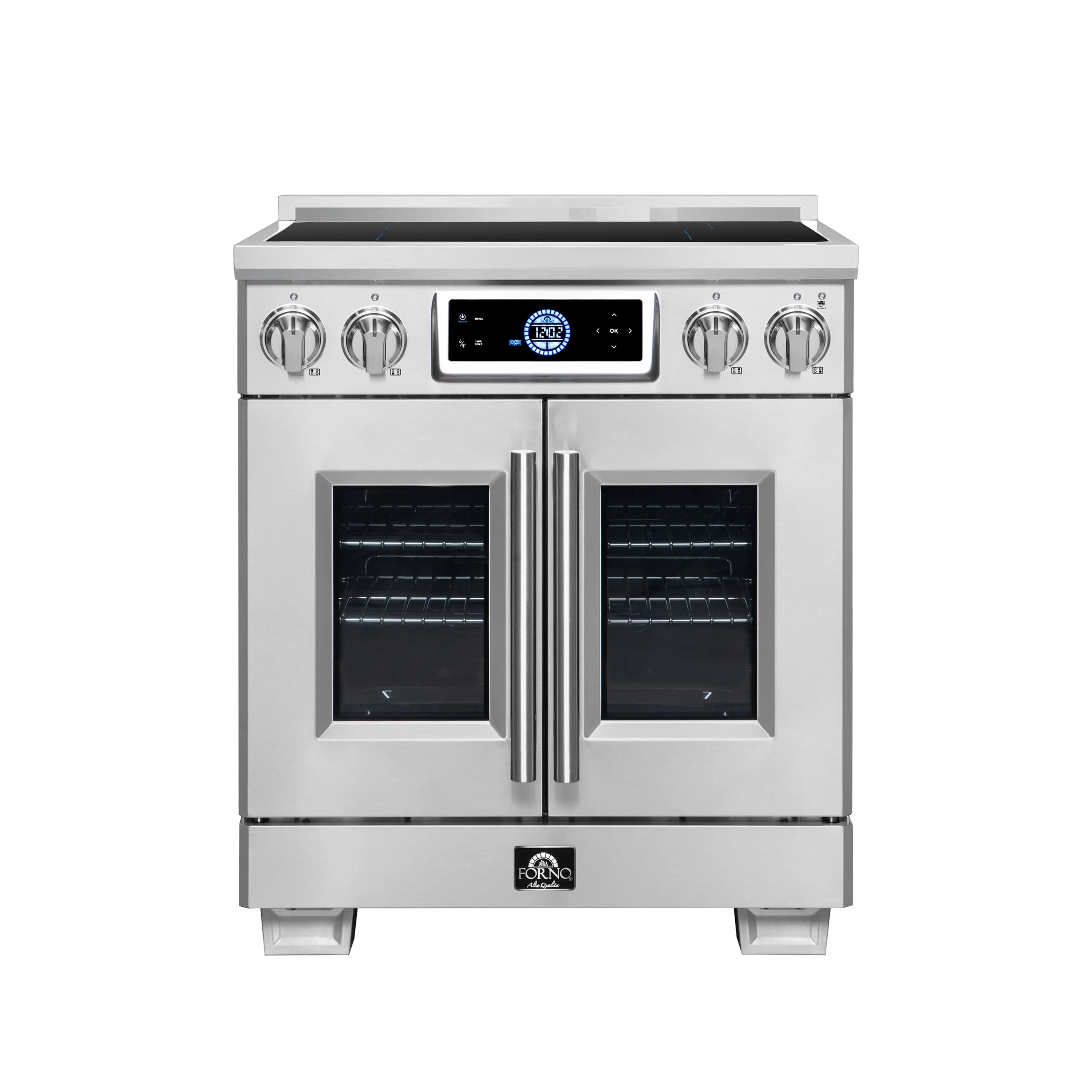 Stainless steel induction range with French doors and four burner knobs