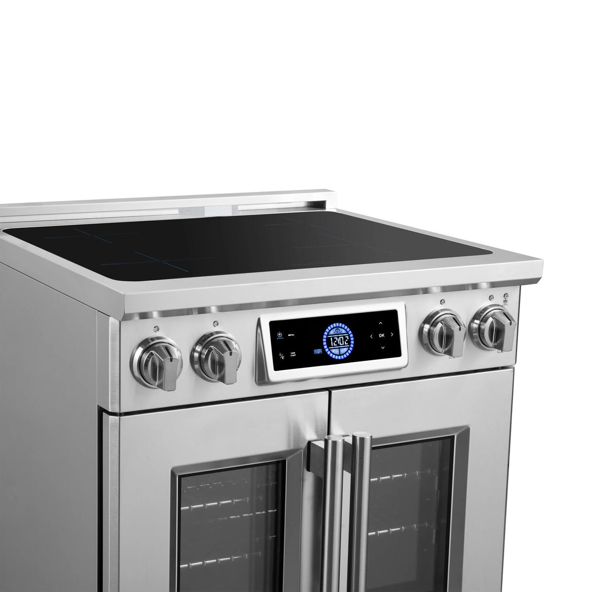 Induction range front view with black glass cooktop and French door handles