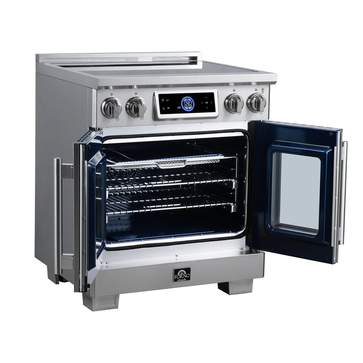Induction range with oven door open, wire rack shelves visible inside