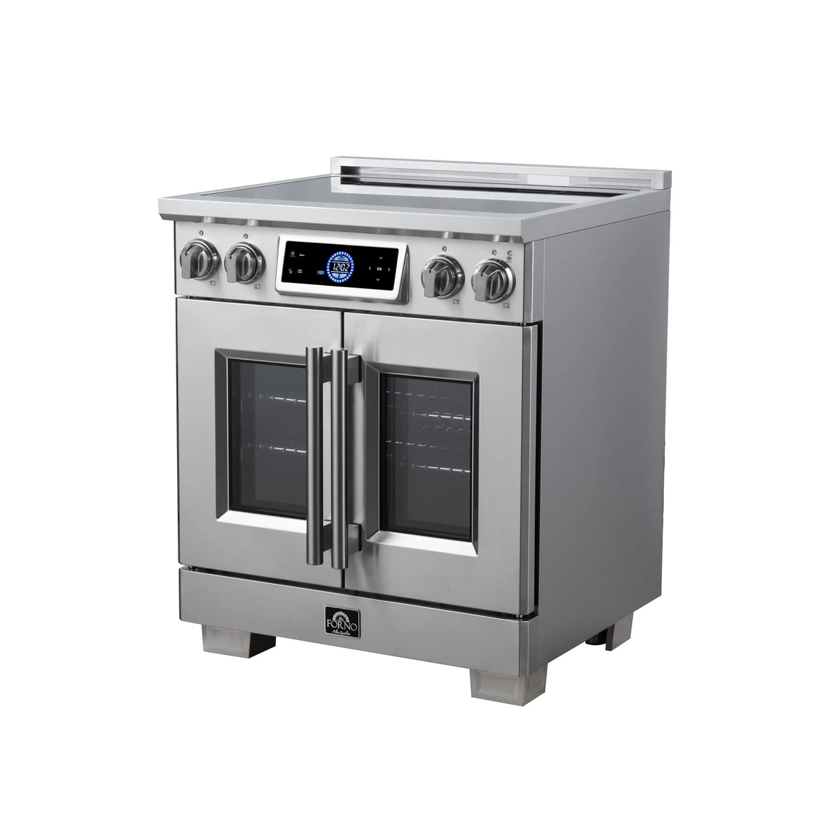 Stainless steel induction range with French doors and control knobs, built-in convection oven