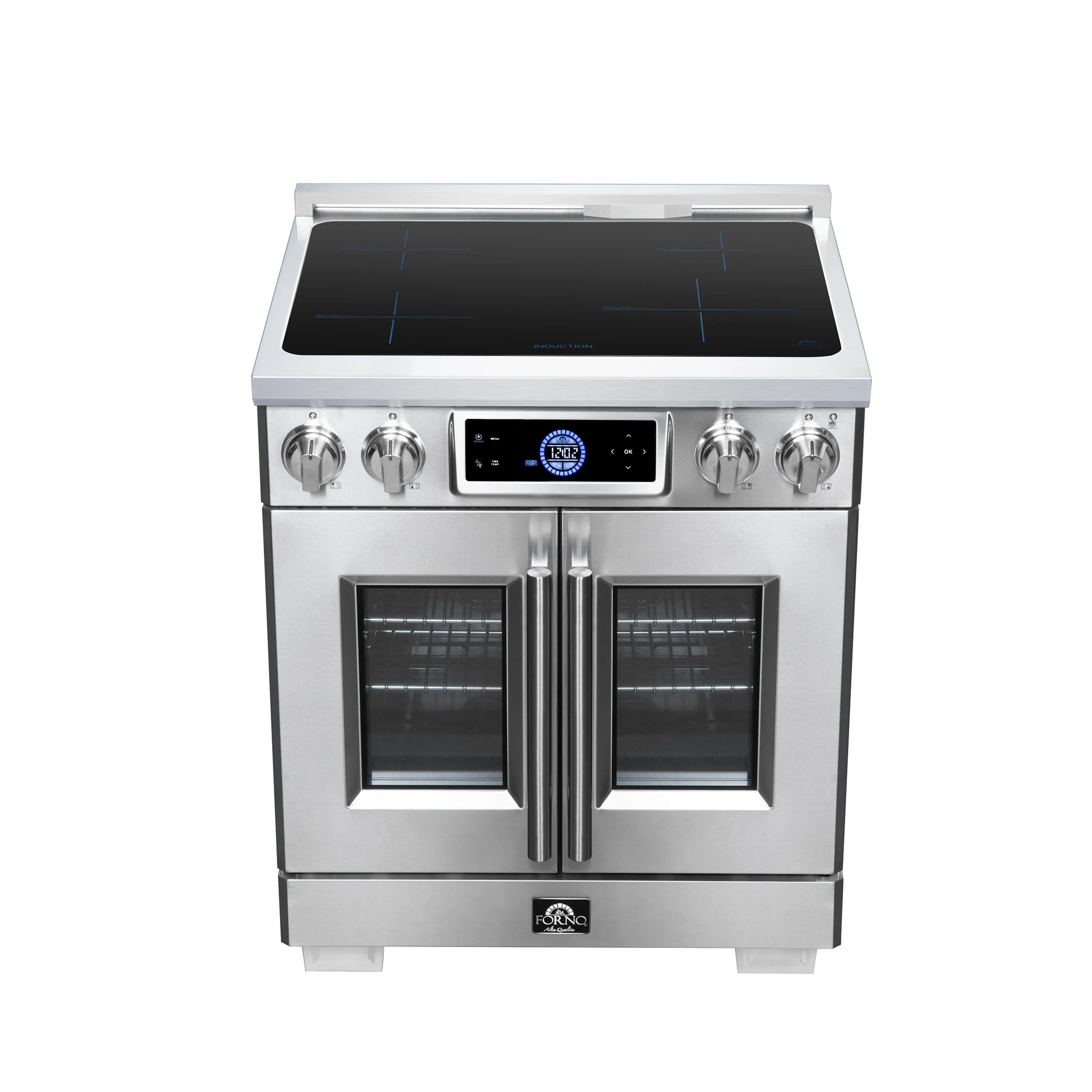 Stainless steel induction range with glass-top cooktop and French door oven, front view