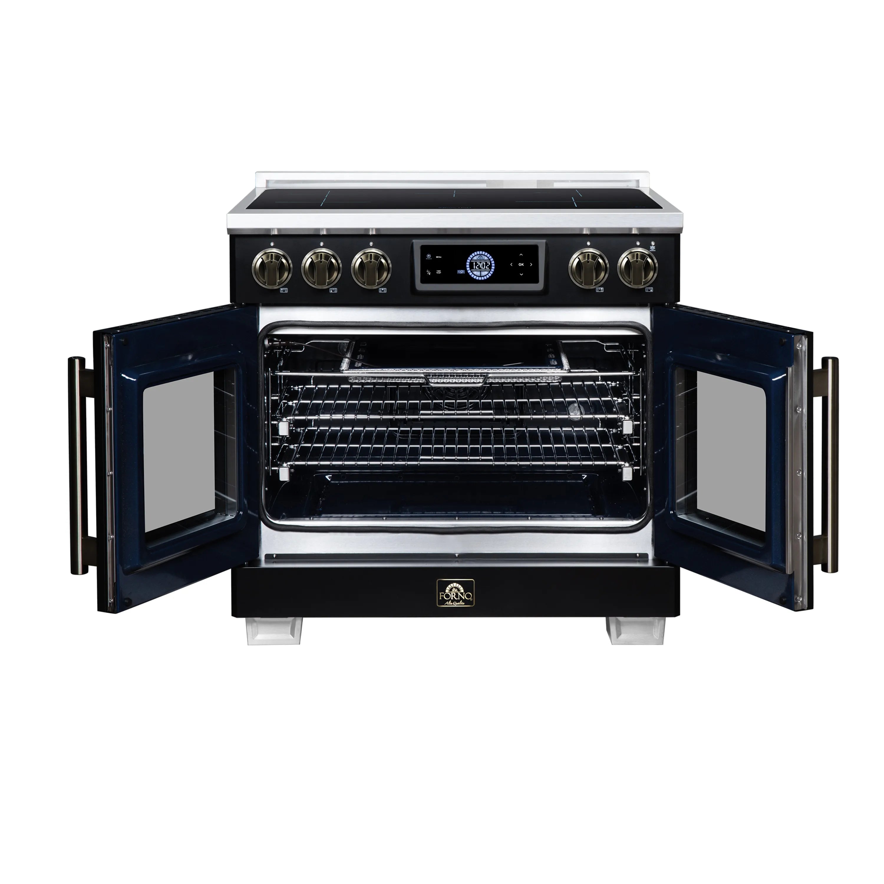 Black range with French doors open, wire racks in convection oven cavity