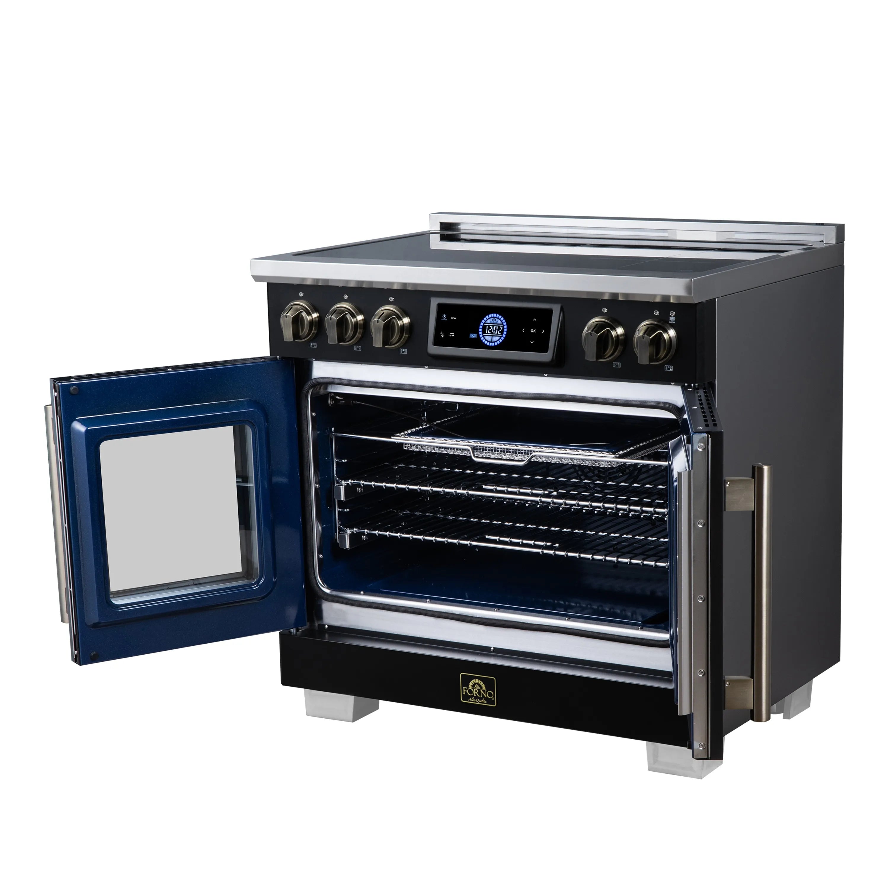 Black convection oven with open French doors, racks inside, and brass-finish control panel