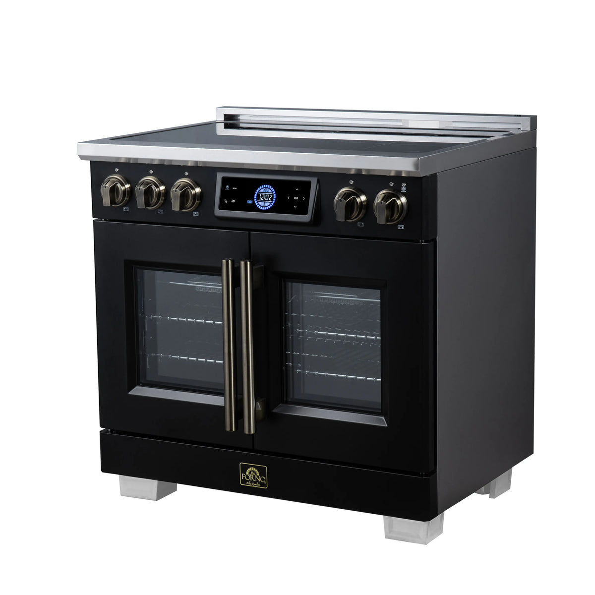 Black induction range with French-door oven, dual glass doors, and brass-finish handles