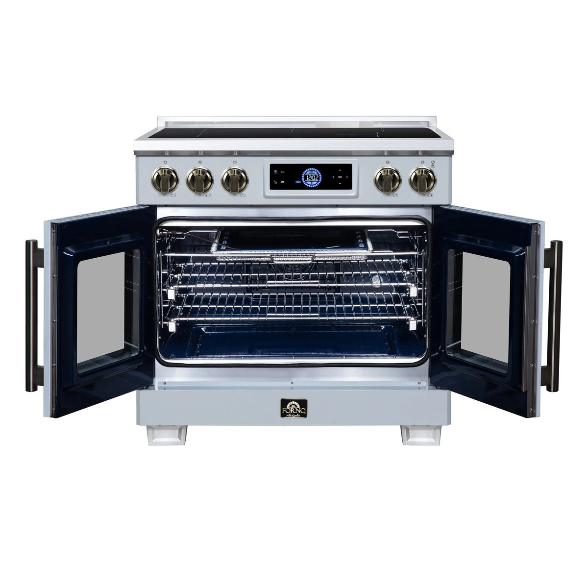 White induction range with French doors open, oven cavity with racks and heating elements