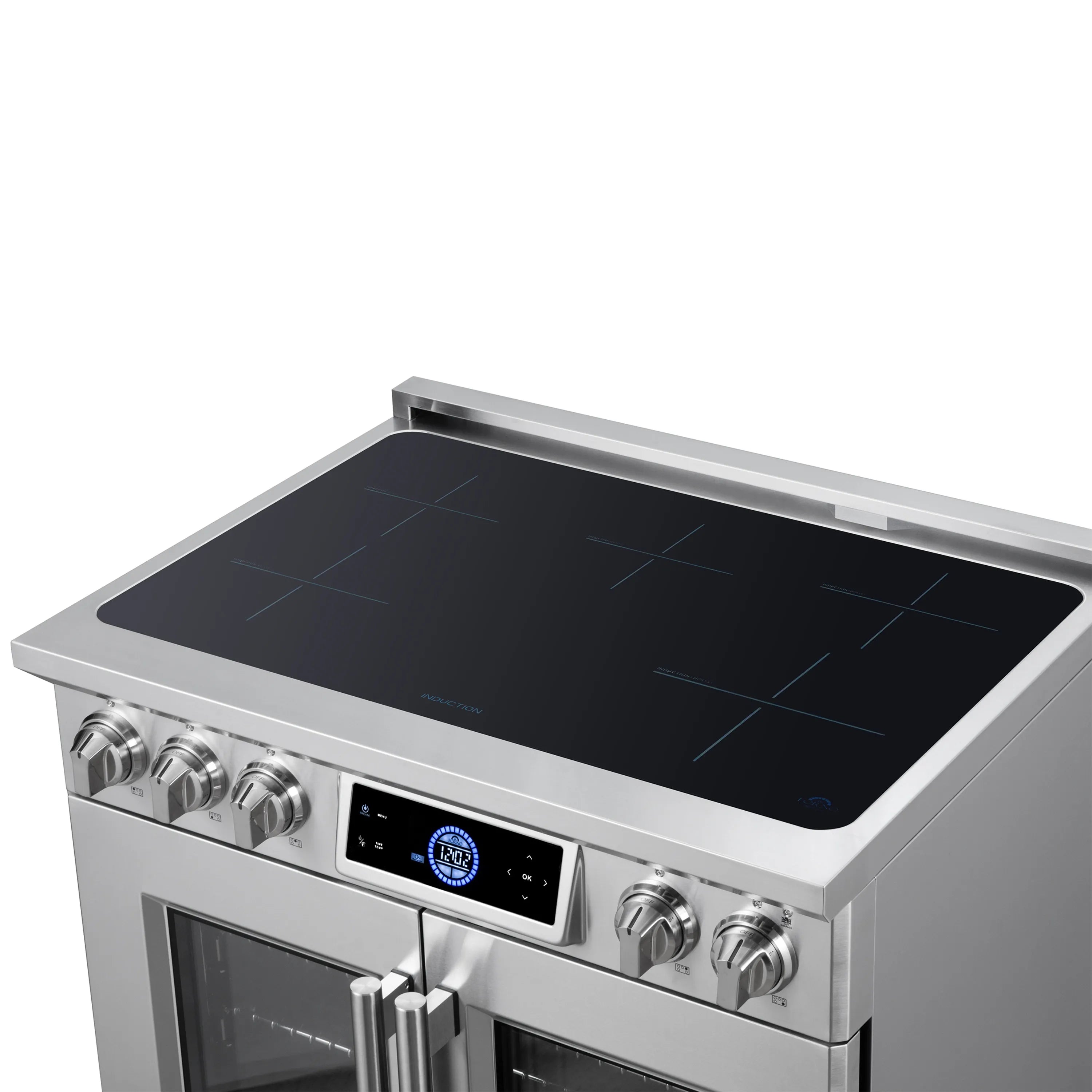 Stainless steel induction cooktop with black glass surface and burner control knobs