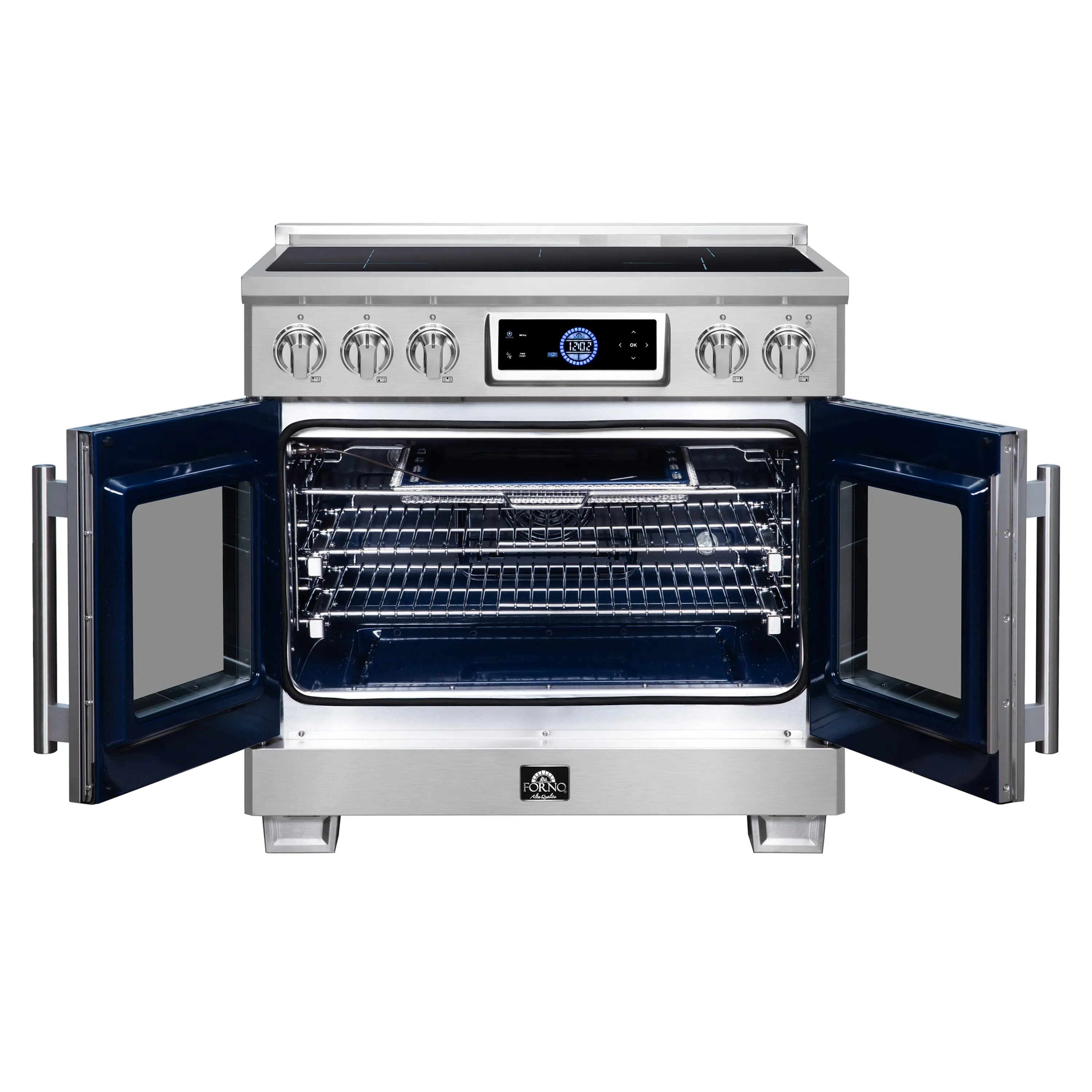 Induction range with both oven doors open, showing blue interior and racks