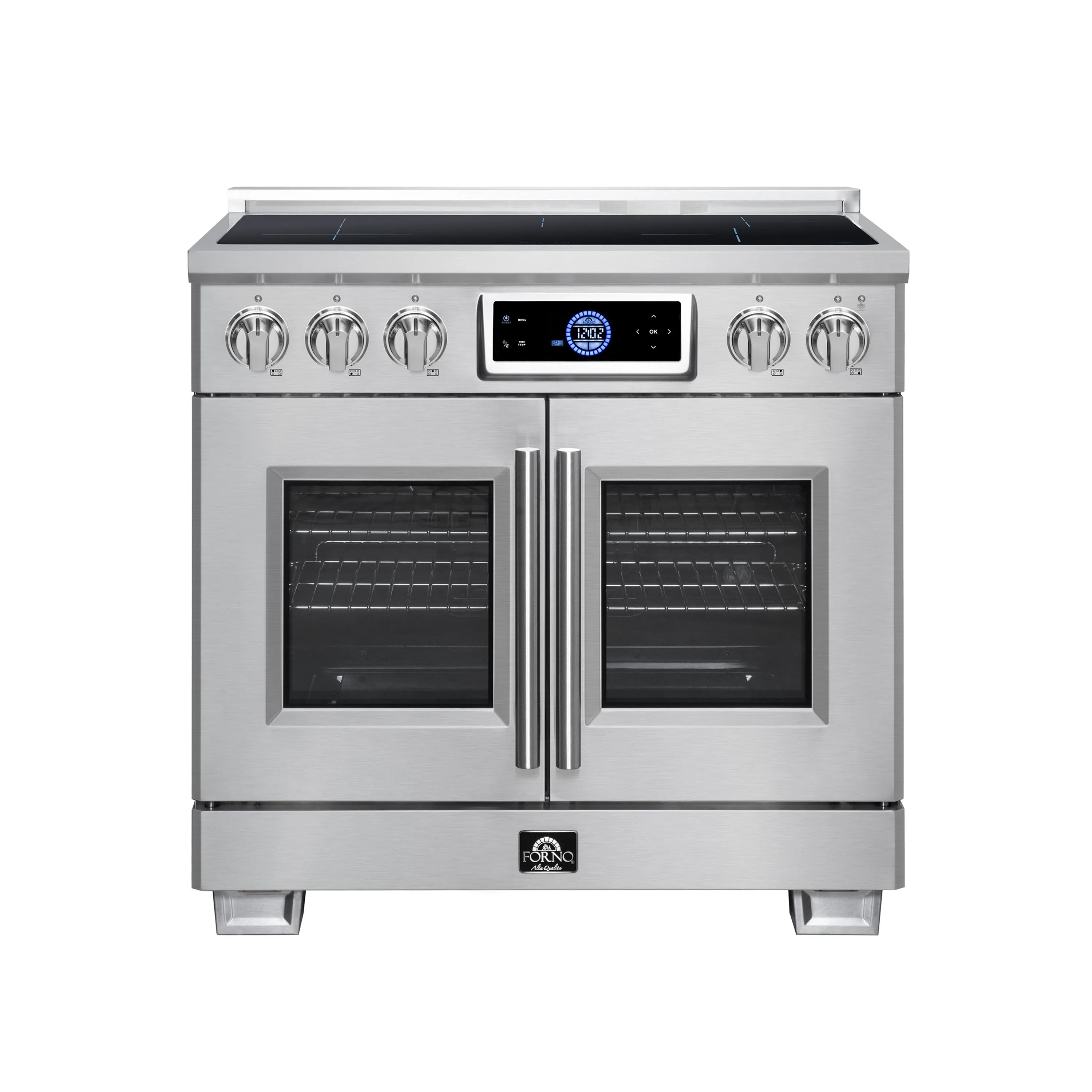 Stainless steel induction range with French-door ovens and control knobs