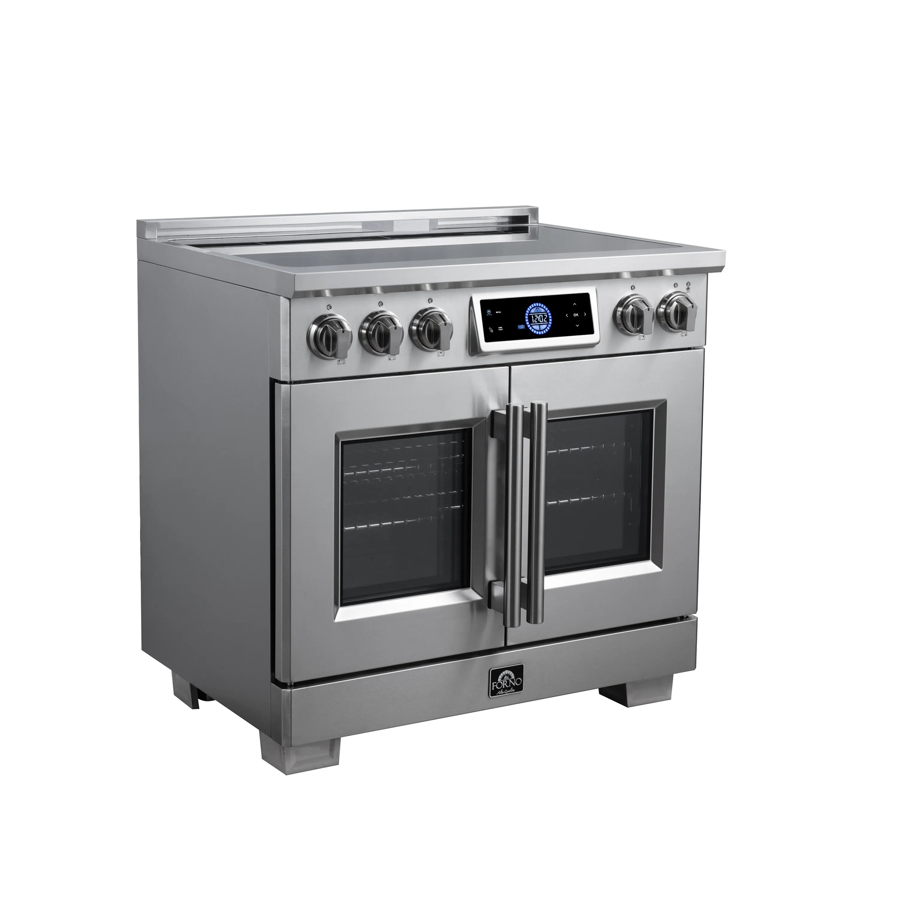 Stainless steel induction range with French doors and front control area