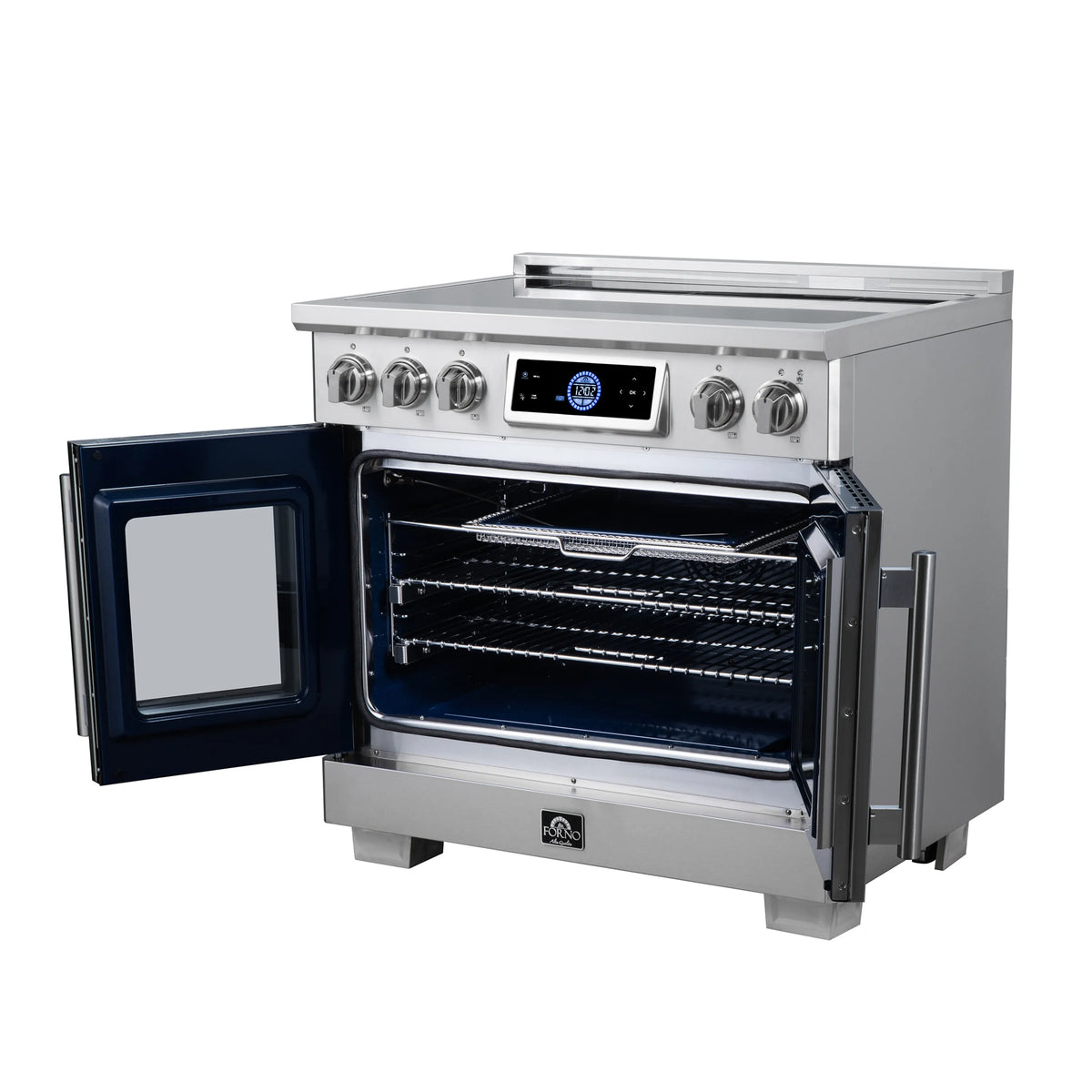 Stainless steel induction range with lower oven door open and wire rack inside