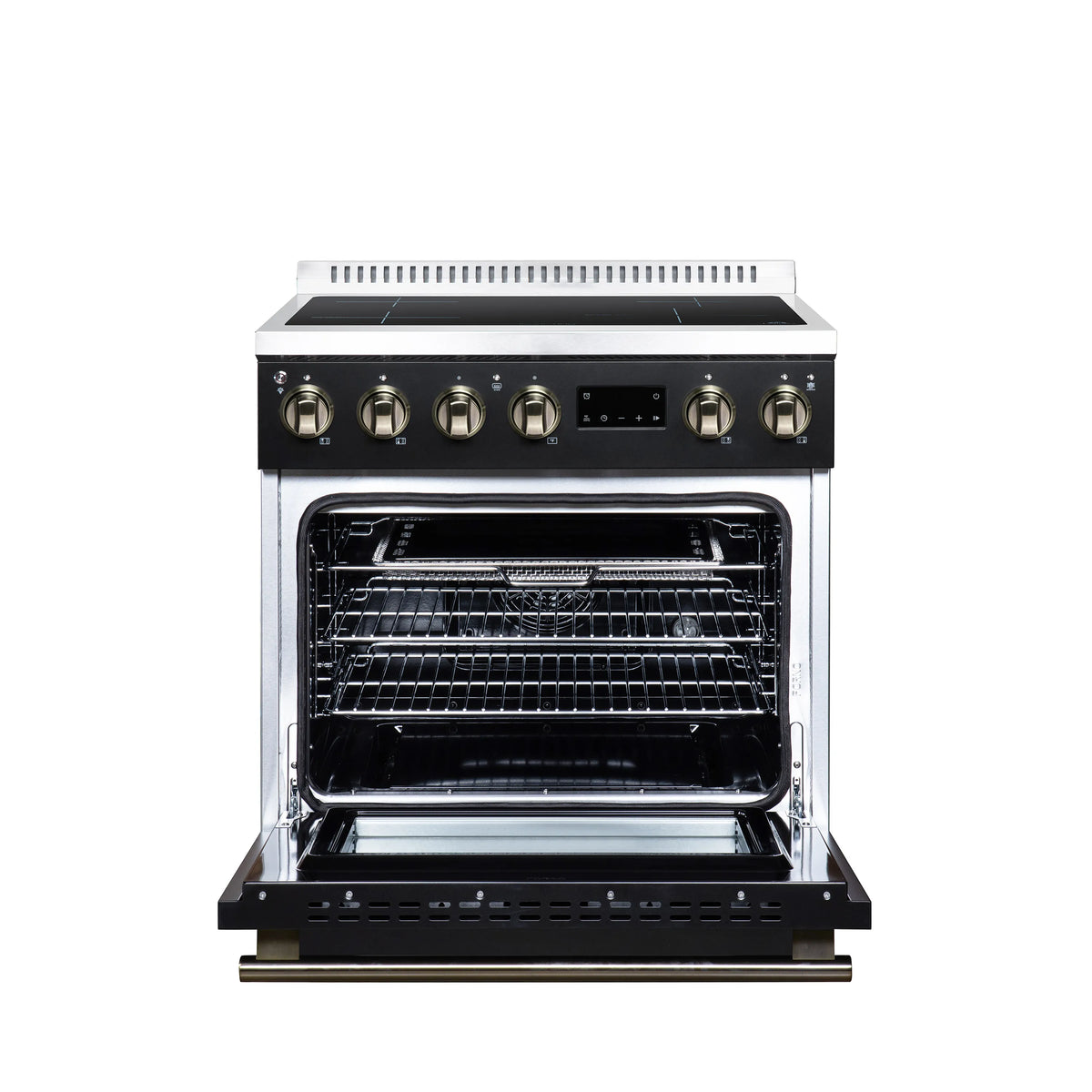 Black induction range with open convection oven door and wire racks