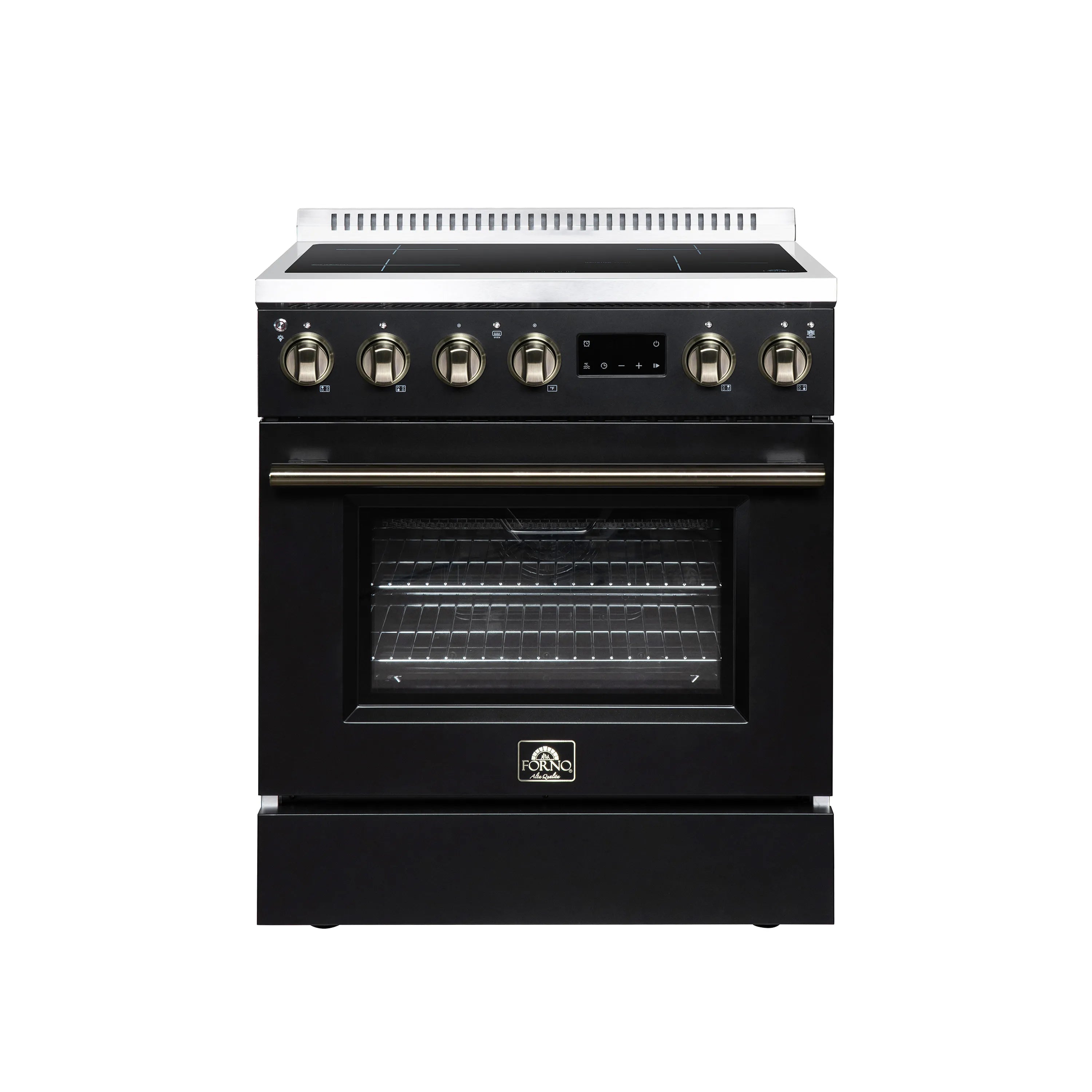 Black induction range with brass control knobs and convection oven door window