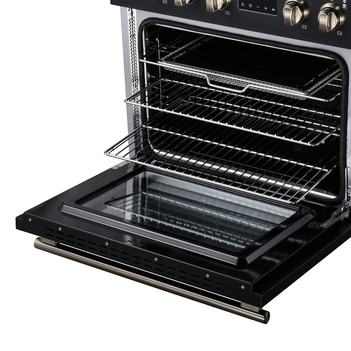 Open oven interior with wire racks and pull-out tray for grilling and roasting