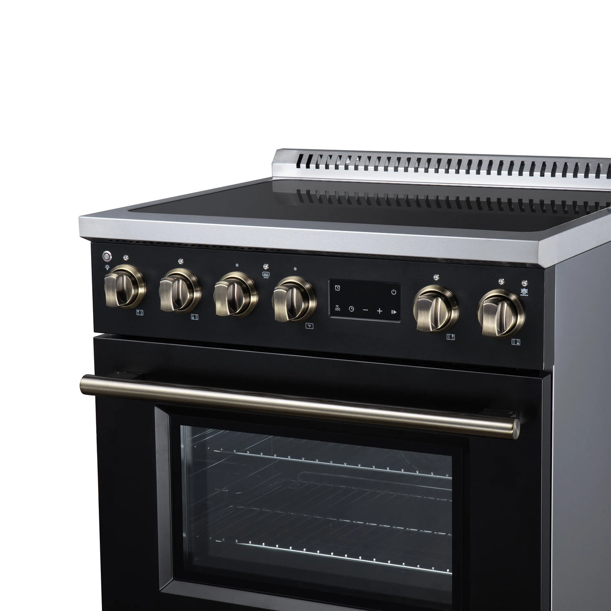 Black induction range front view with stainless top, brass knobs, and oven window