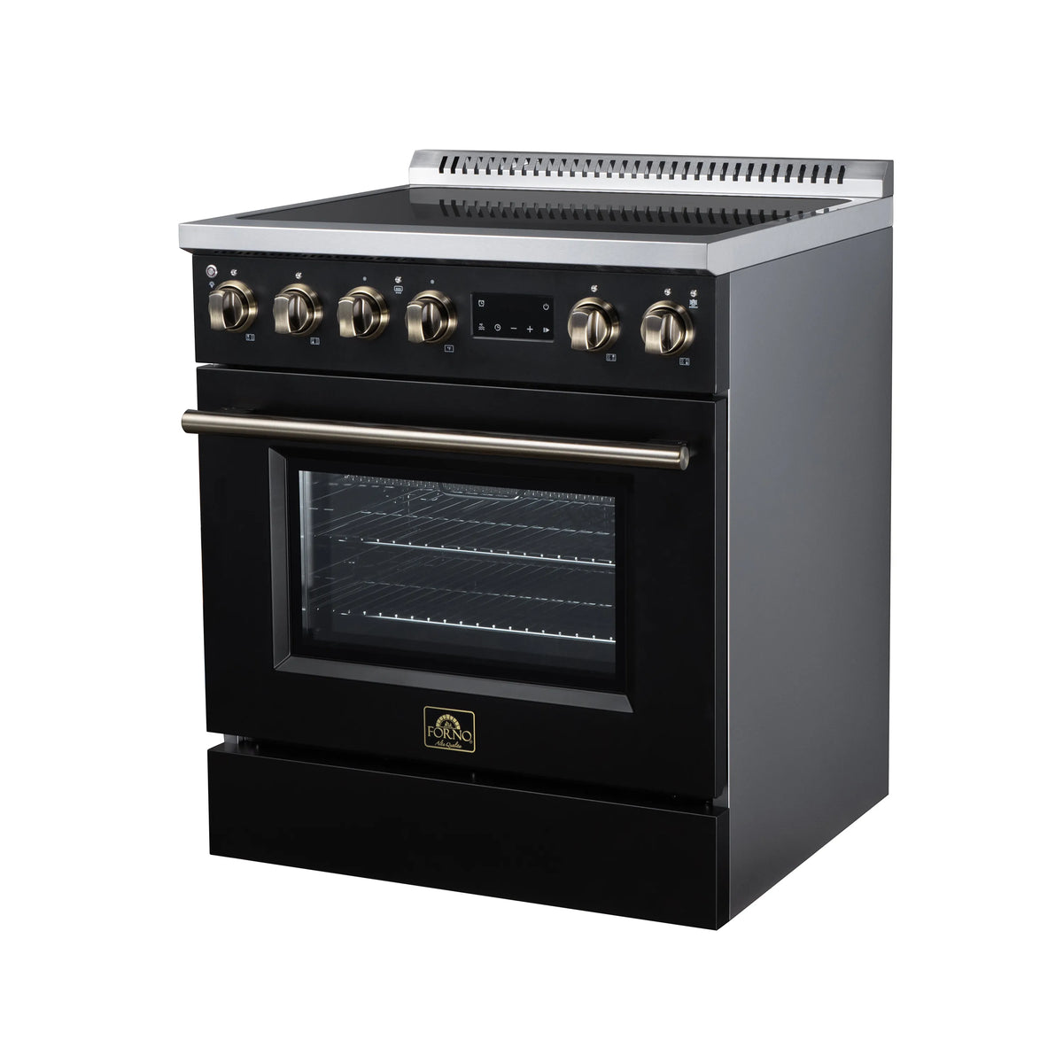 Black induction range with brass knobs and closed convection oven door with logo