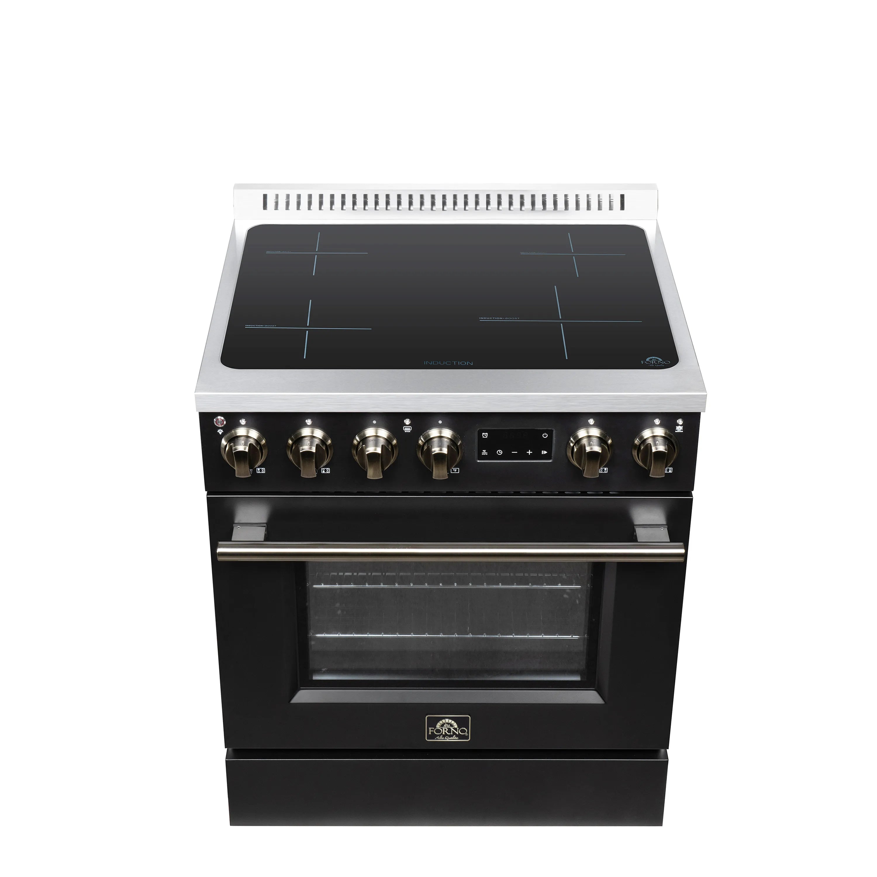 Black induction range with glass cooktop, front knobs, and closed oven door
