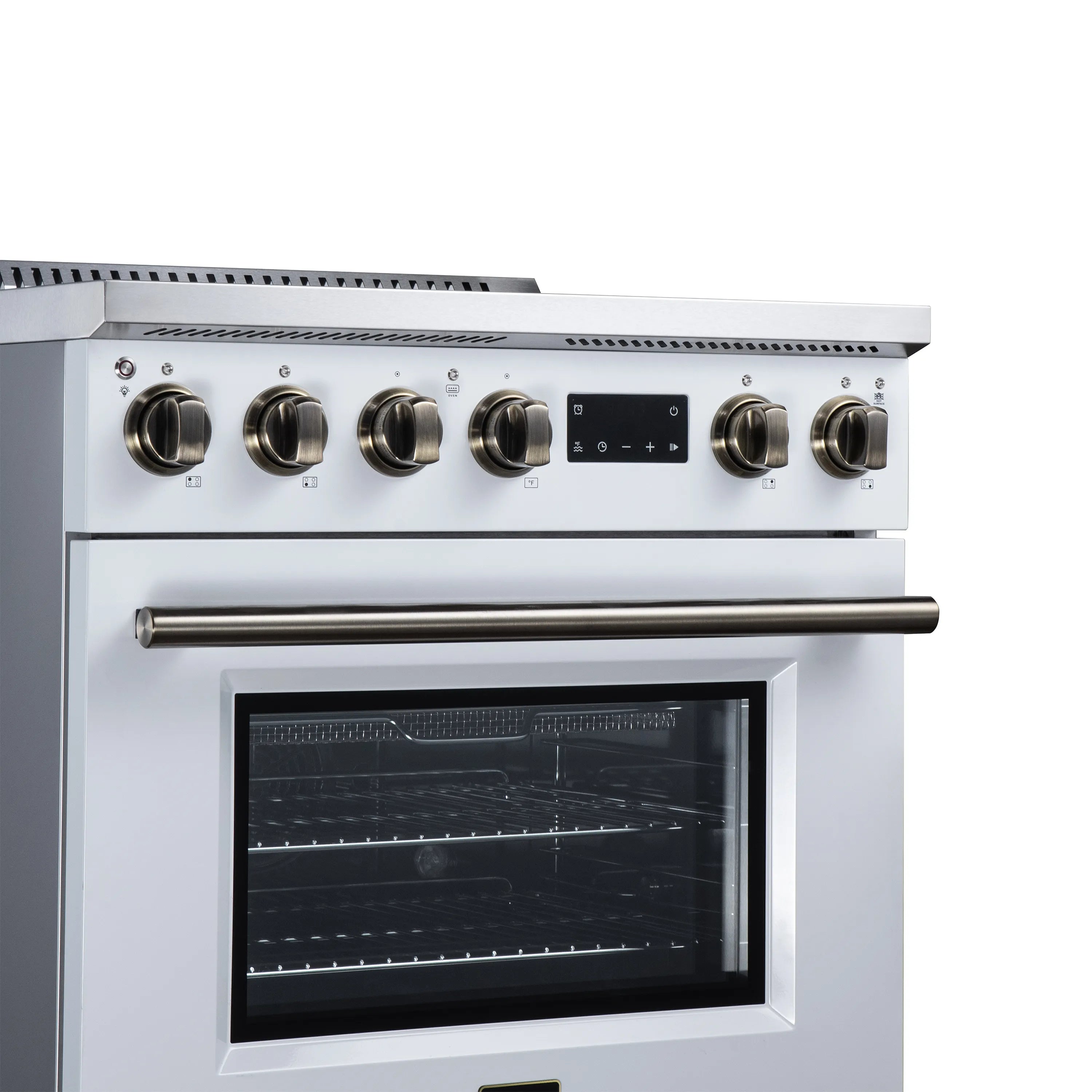 White induction range front with four cooktop knobs, window oven door, metal handle