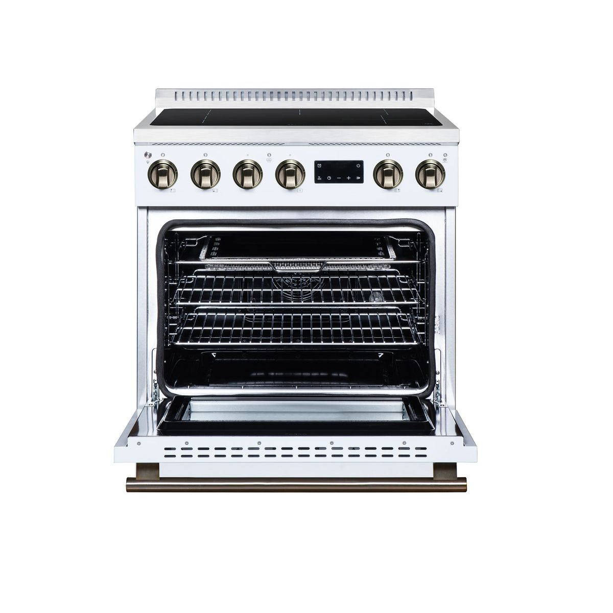 White 30-inch induction range with open true convection oven door and brass knobs
