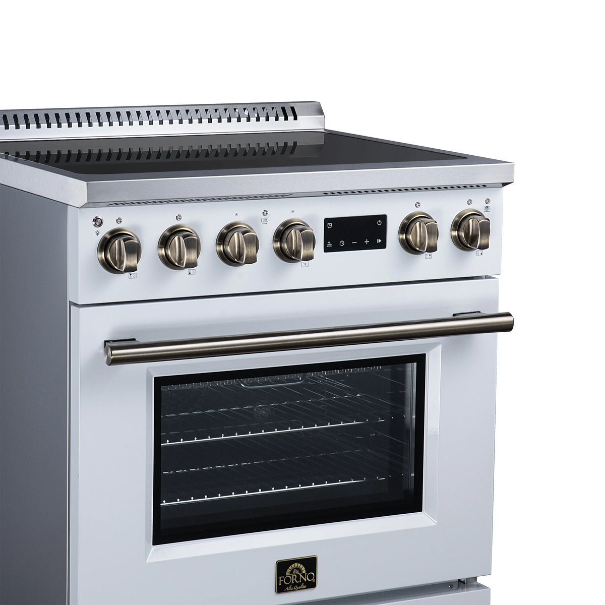 White induction range control panel with brass knobs and black oven viewing window