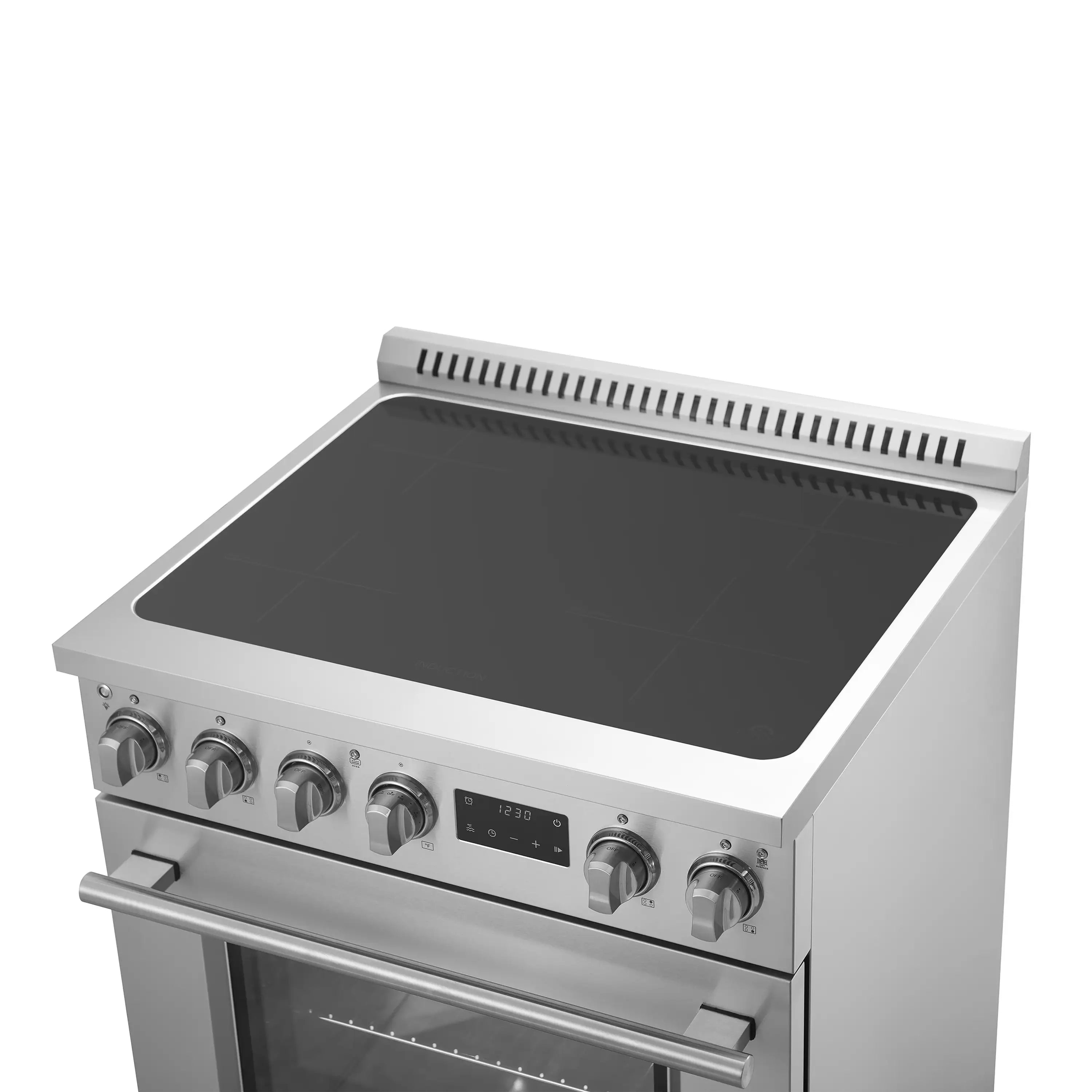 Stainless steel induction range with black cooktop and oven door handle