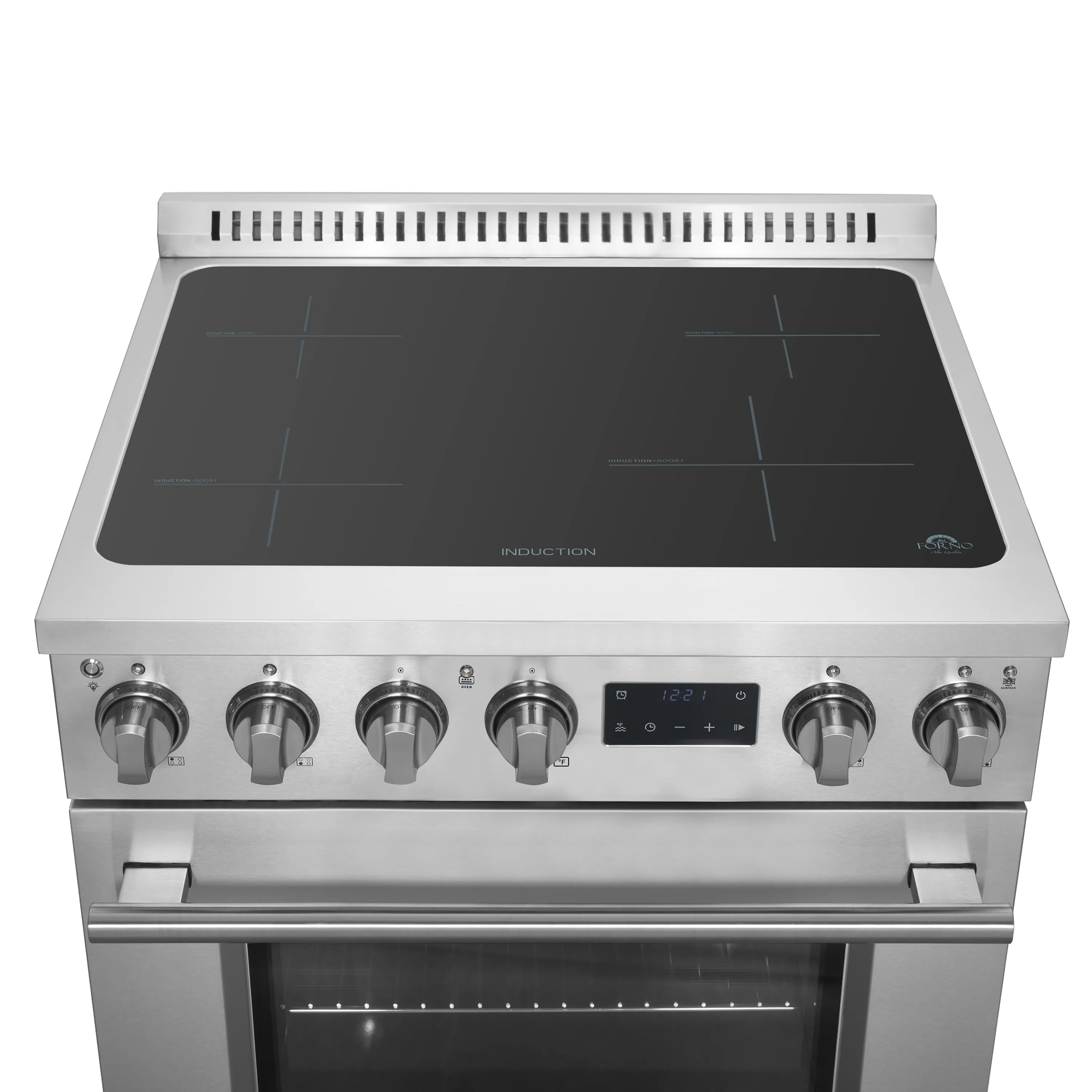 Stainless steel induction range with black glass cooktop and control panel