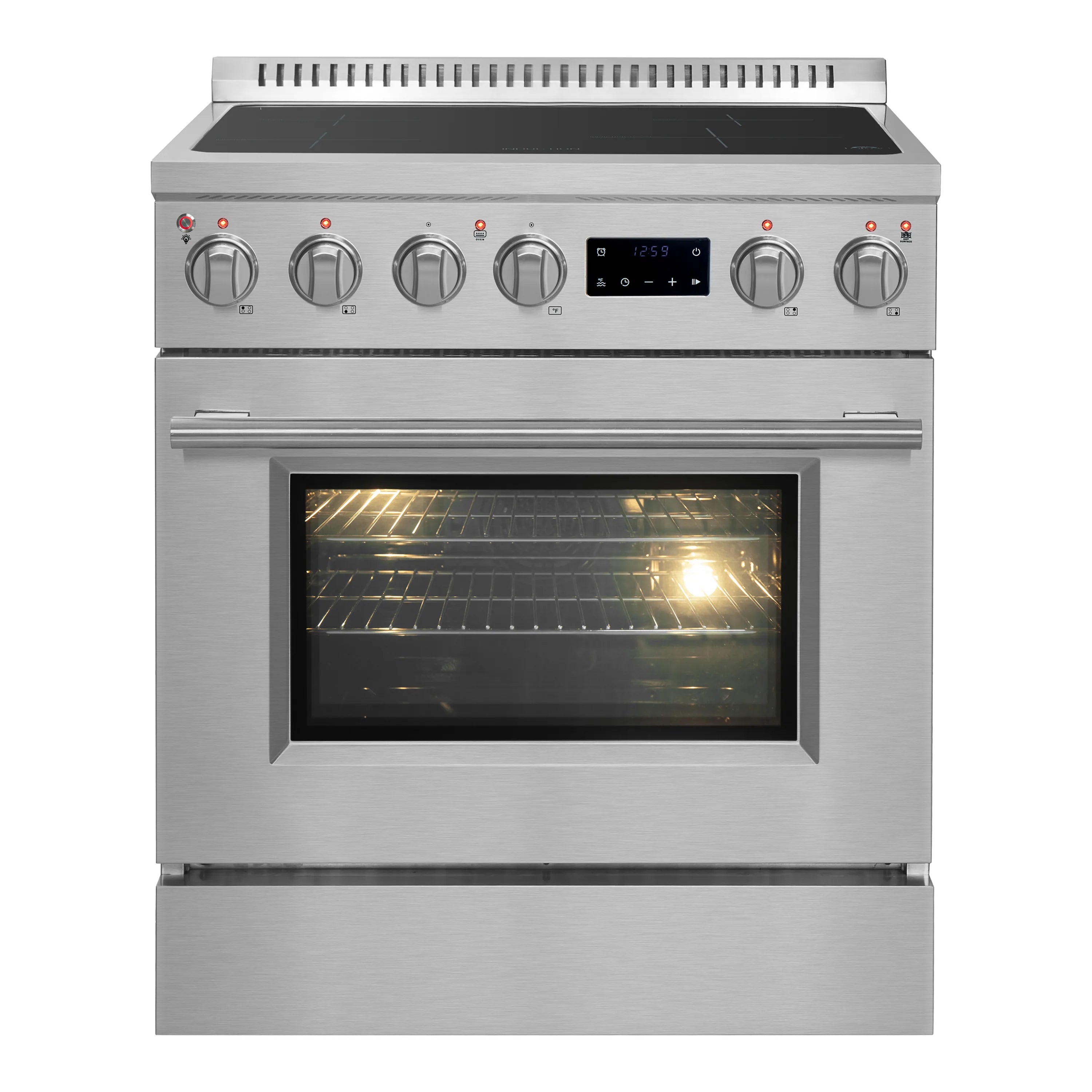 Stainless steel 30-inch induction range with oven door closed and control knobs