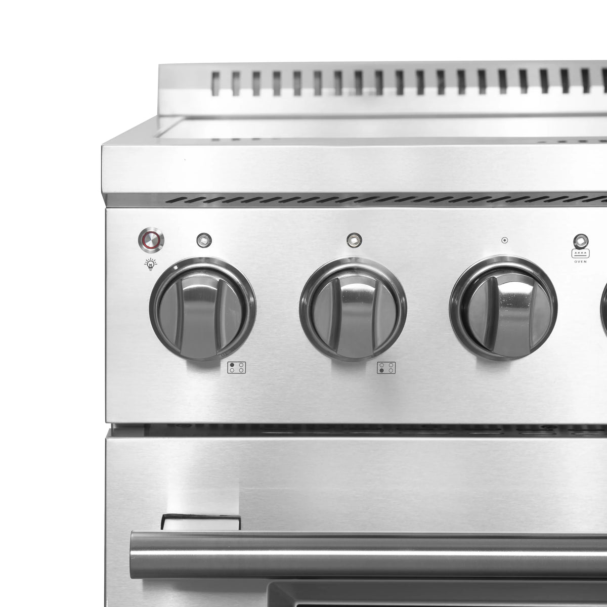 Stainless steel cooktop with three large round knobs and vented panel