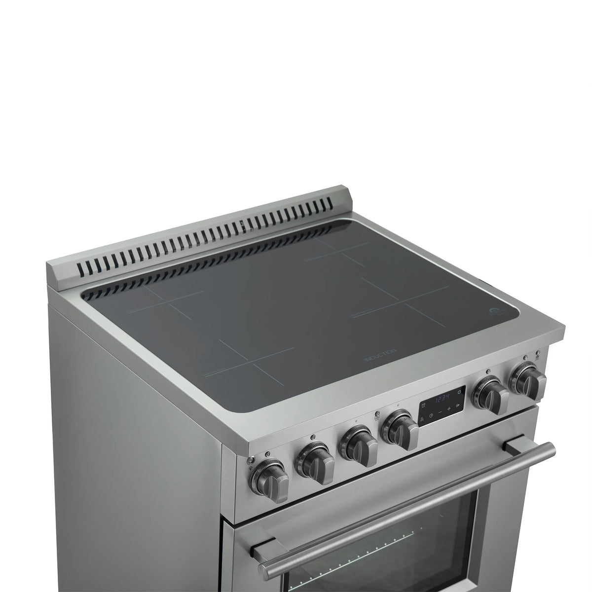 Stainless steel induction cooktop with black glass surface and control knobs