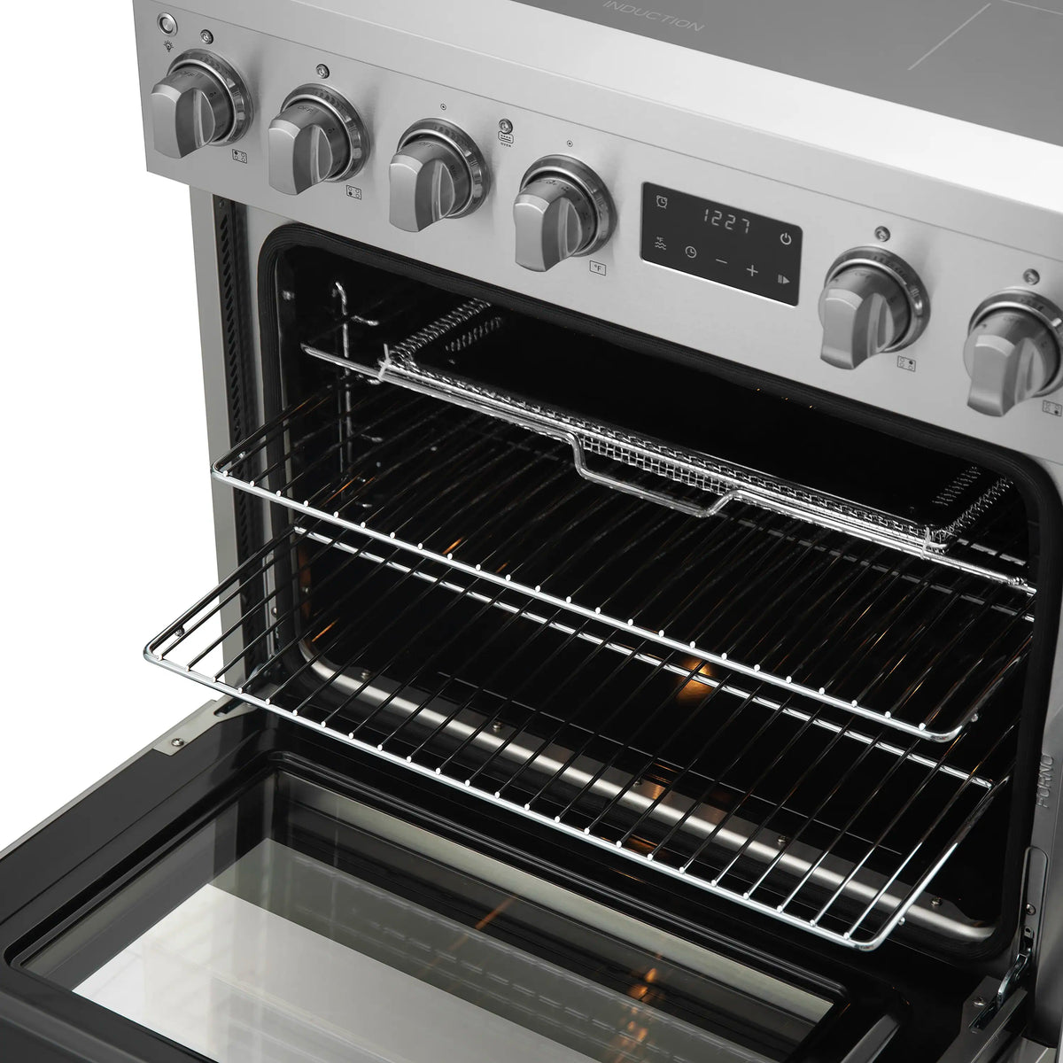 Stainless steel oven interior with flat rack and front air fry tray