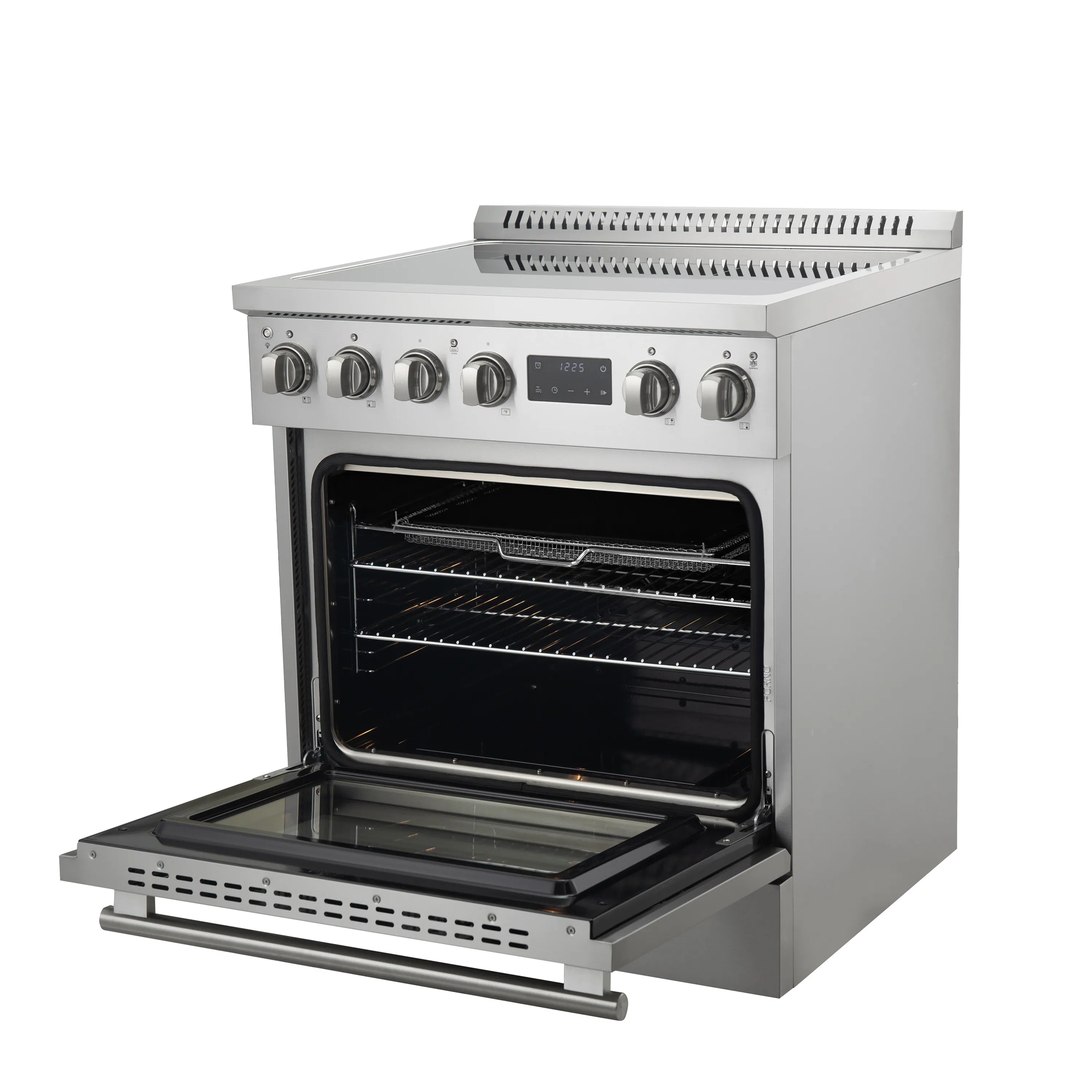 Stainless steel induction range with open oven door and wire oven racks